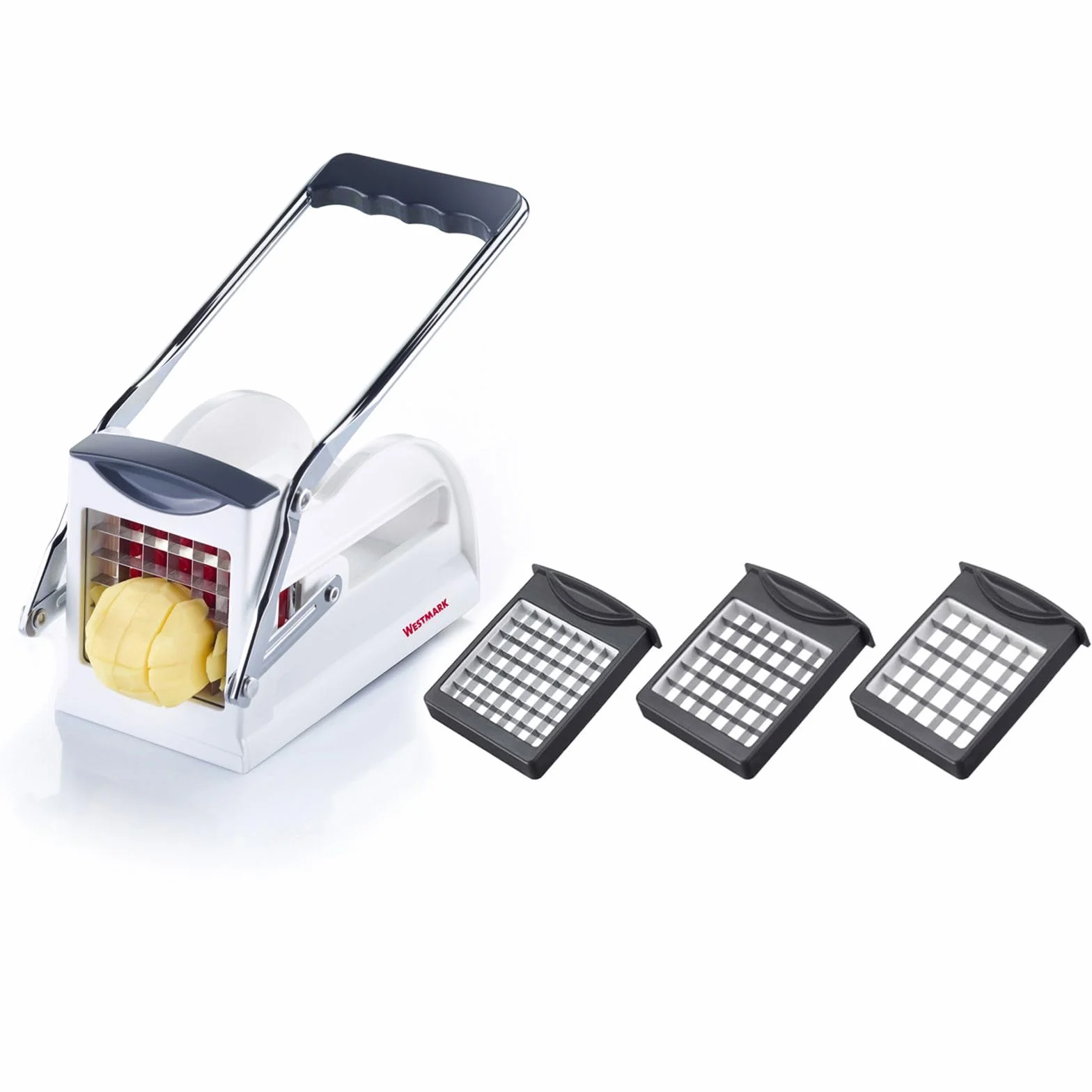 Westmark Cortador de patatas fritas y verduras/frutas con tres insertos de corte de acero inoxidable, Blanco/antracita, 11802260