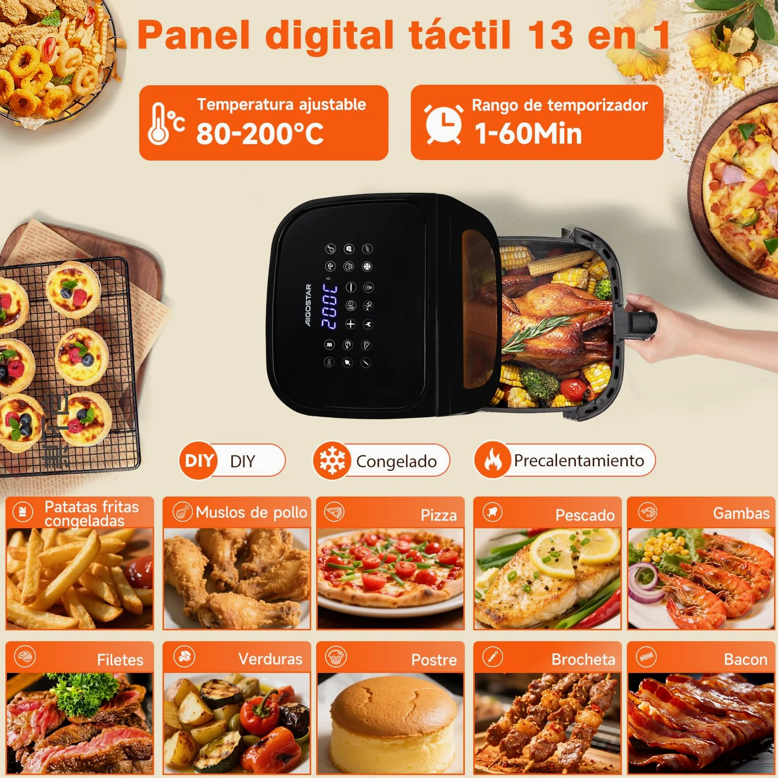 Aigostar Freidora de Aire XXL 8.8L Air Fryer 2200W, Doble Resistencia, 55% Menos Energía, Air Fryer con 13 Programas, Acero Inox Interior, Pantalla Táctil y Ventana, Comunidad Recetas, Negro