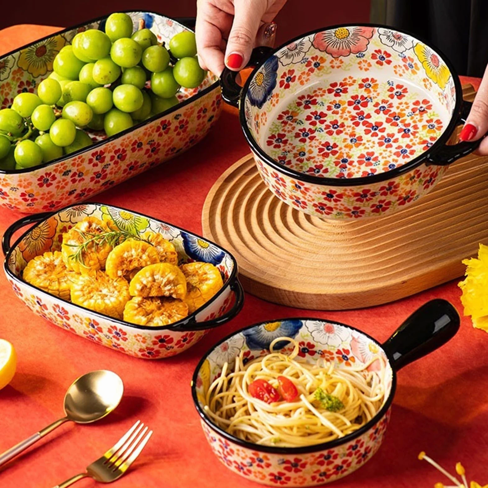 Fuentes Horno Vajilla de cerámica de gran capacidad for el hogar, tazón de fideos, tazón de sopa, ensaladera, plato Retro de doble oreja resistente a altas temperaturas for hornear Fuente Lasaña(19.6c