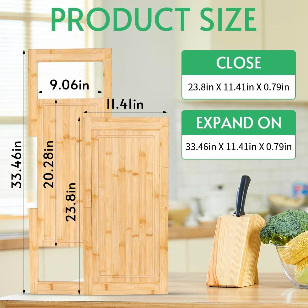 Tabla de cortar sobre el fregadero: tablas de cortar expandibles, tabla de bambú extra grande, cubierta para fregadero de cocina, espacio para encimera para preparar comidas, bandeja de servir queso y
