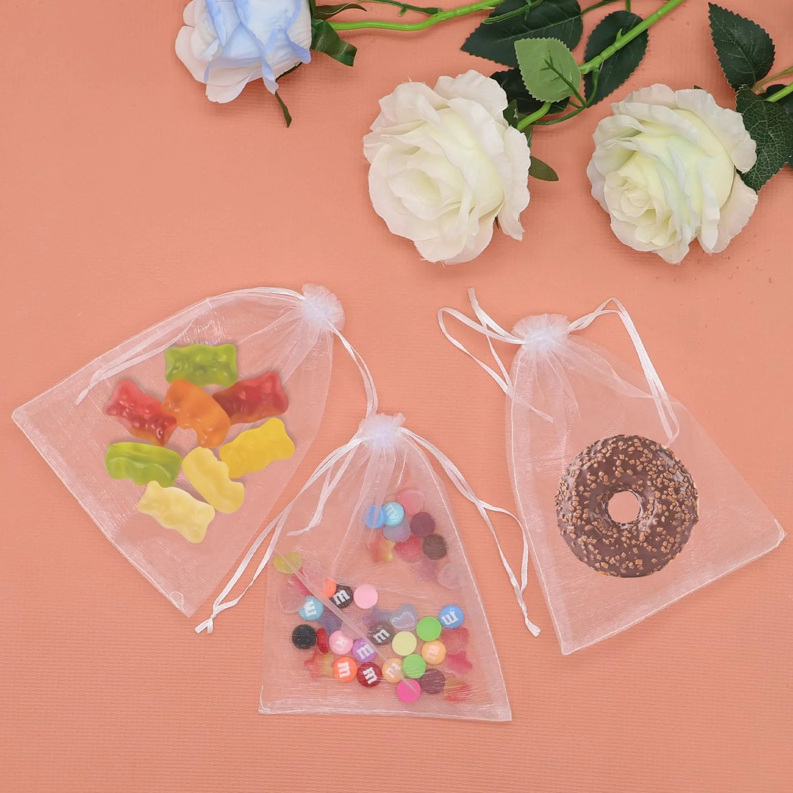 Bolsas de organza blancas, 50 piezas bolsas de organza con cordón 15 x 20 cm bolsas de organza uvas bolsas protectoras con cordón bolsas de regalo para joyas regalos dulces boda