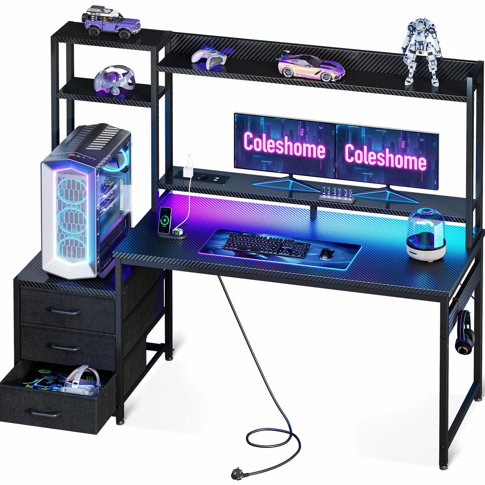 Coleshome Escritorio Gaming con Estanteria y Cajones, 137x48cm Mesa Gaming con Iluminación LED & Toma de Corriente, Escritorios para PC con Repisas de Almacenamiento, Negro Fibra de Carbono