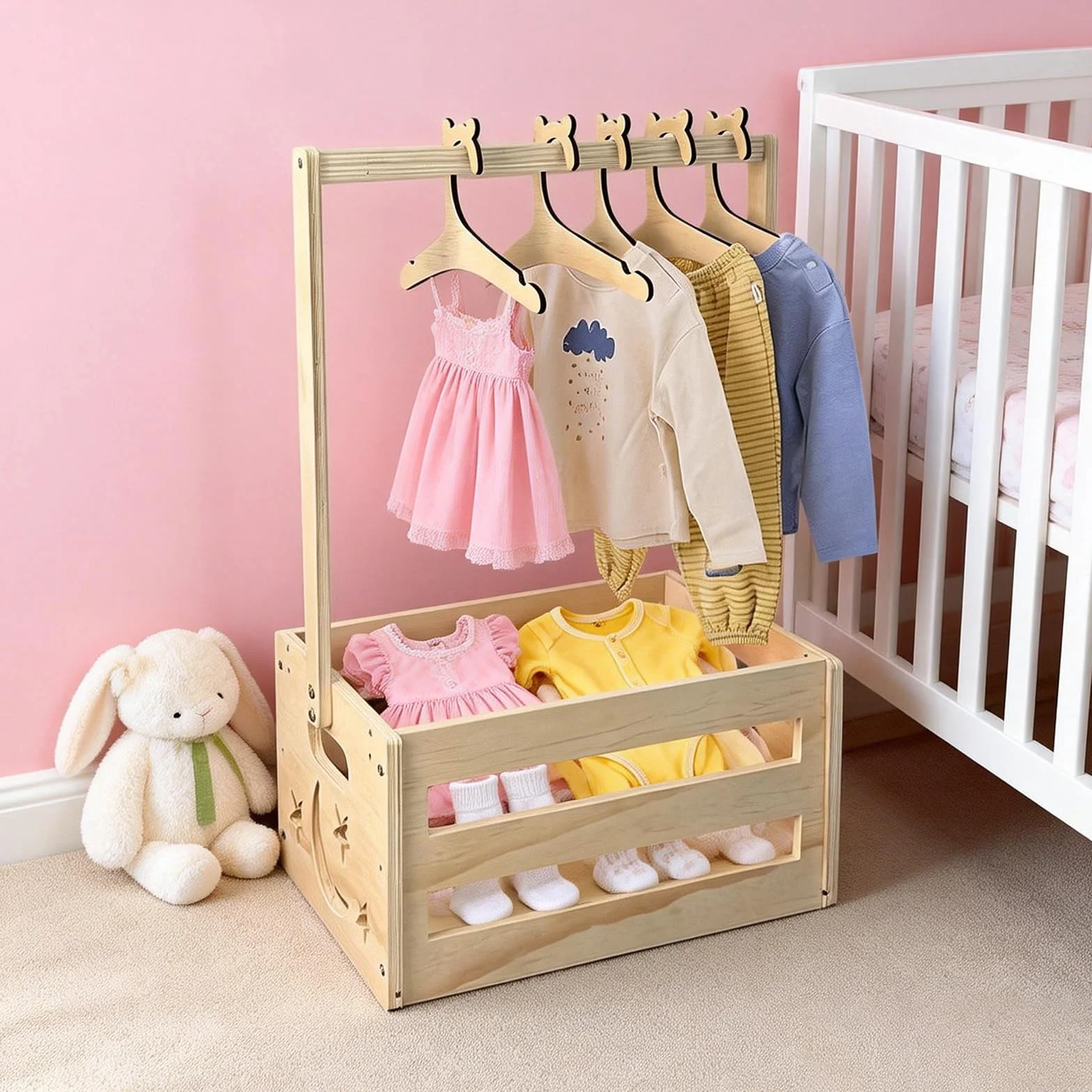 Cesta de madera para regalo de bebé con asa, almacenamiento para baby shower, color