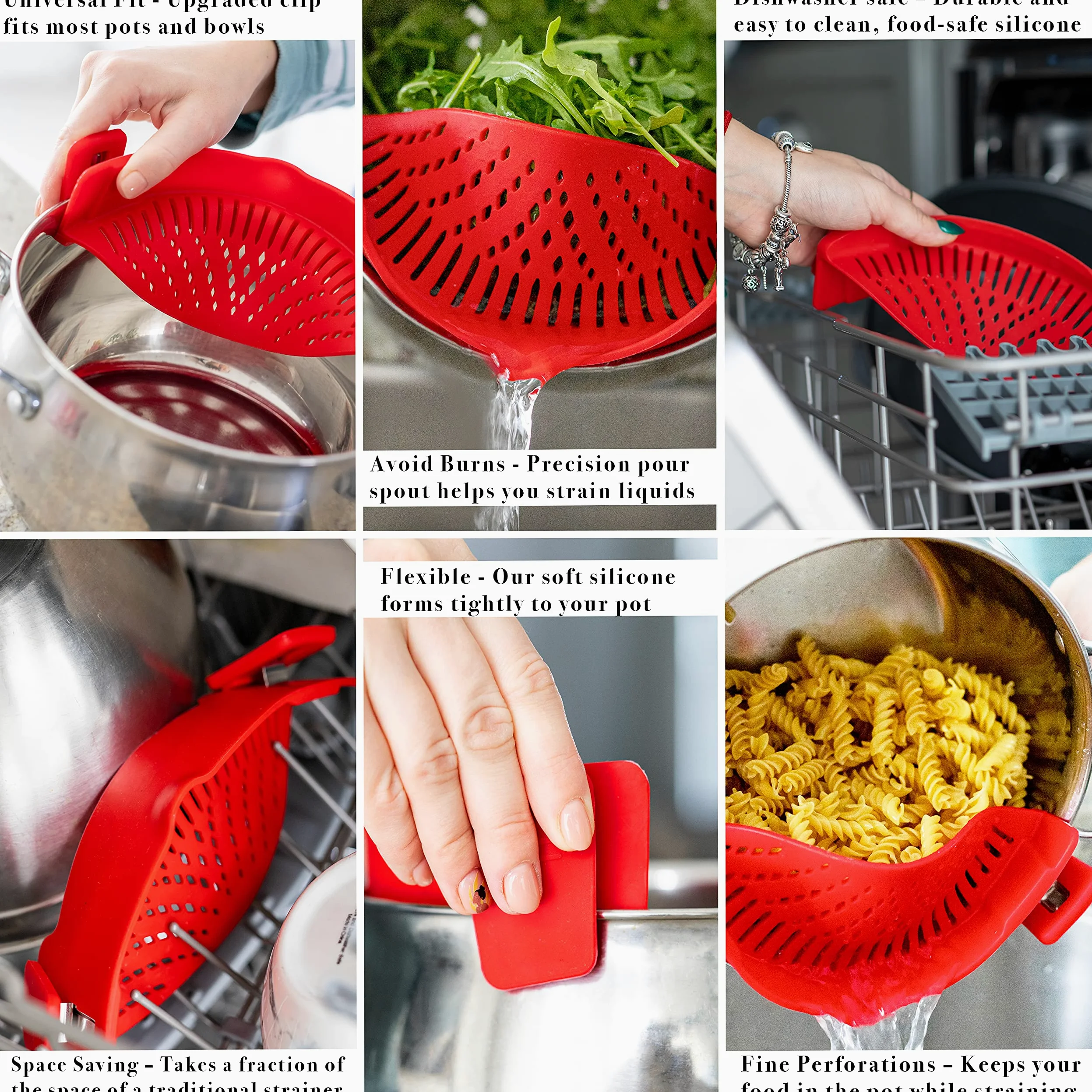 Colador de pasta de silicona con clip, ajuste universal para todas las ollas y cuencos, escurridor a presión para pasta, carne, verduras, frutas, colador de silicona para cocina, drenaje fácil de