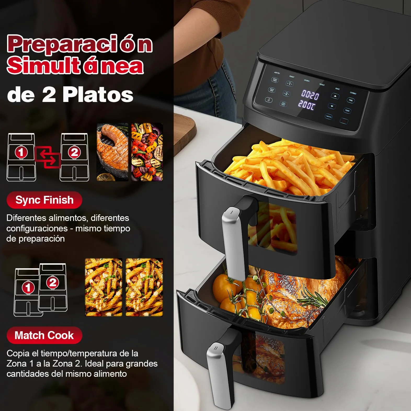 TopStrong Double Stack Freidora de aire, 11 L Air Fryer Doble Cesta Vertical, 40℃-220℃, 6 Funciones de Cocción & 8 Programas Preconfigurados, Ahorrar Espacio, 2500W (Negro Ventana)