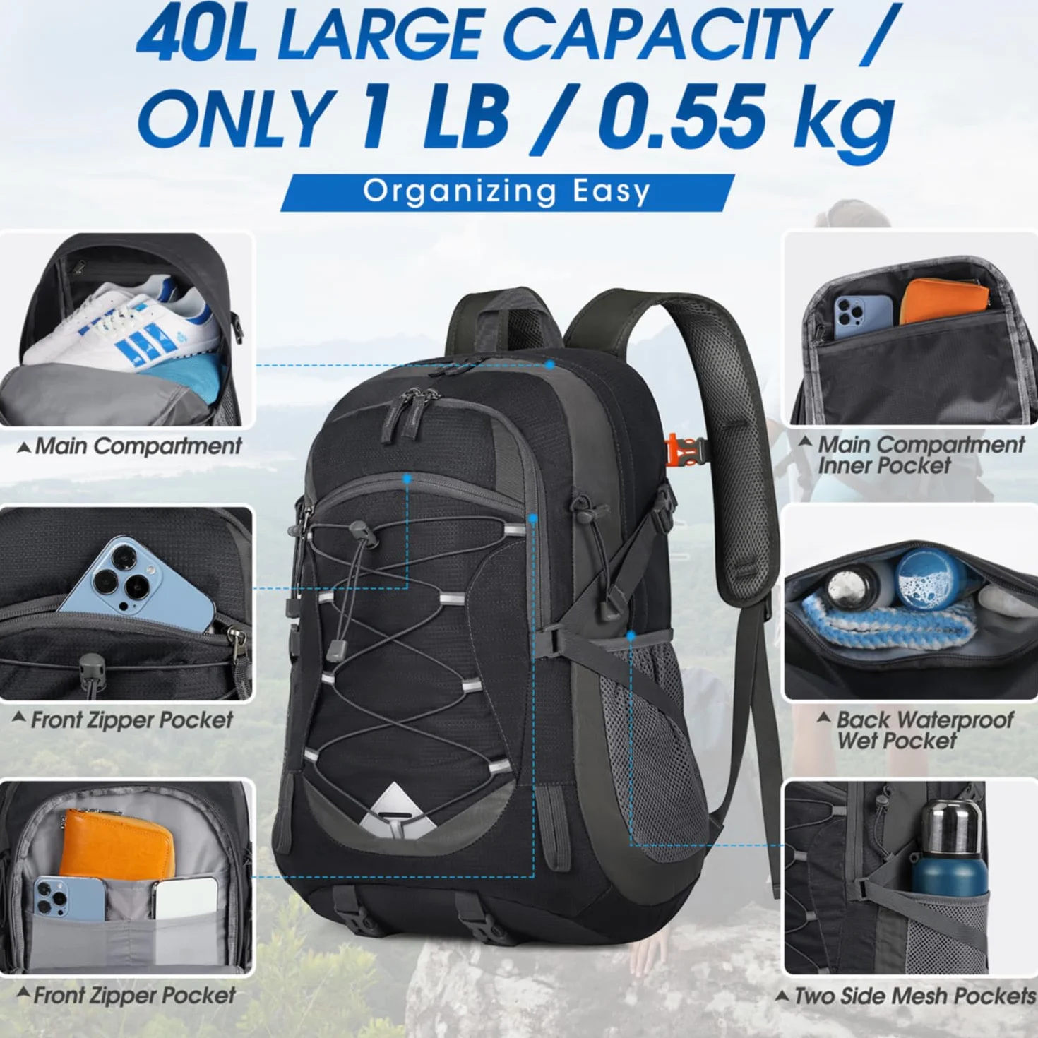 Mochila de Senderismo 40L Ultraligera Plegable para Camping Viajes, Negra