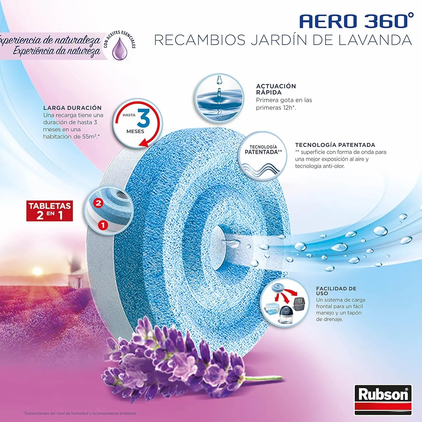 Rubson AERO 360º Recambios Jardín de Lavanda para deshumidificador, aromaterapia, neutralizador de olores ultraabsorbente, 1 unidad (450 g)