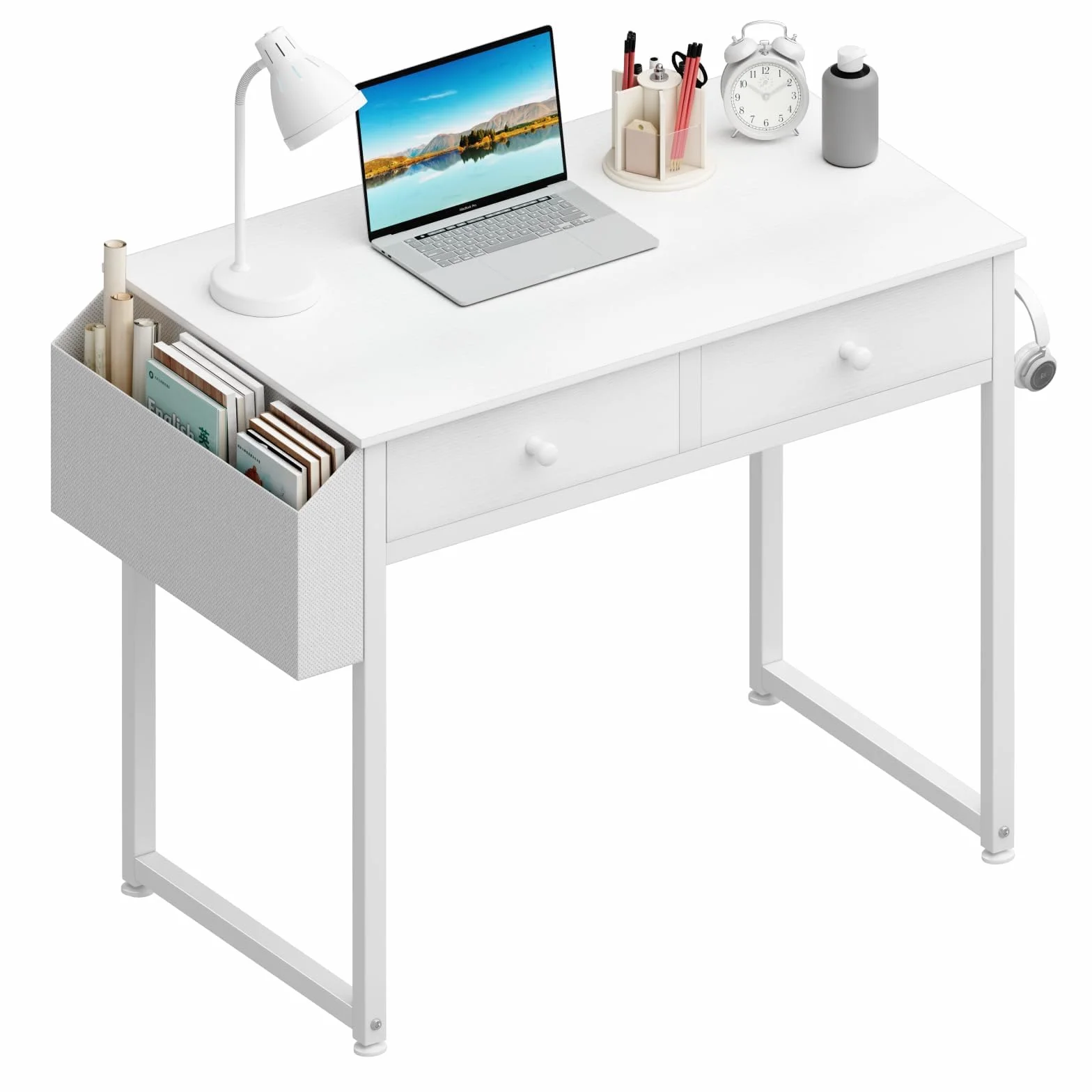 Lufeiya Mesa Escritorio Blanco con cajones, Escritorio Pequeño para Oficina Escritorio Ordenador casa de con cajón de Tela y Bolsa Mesa de Estudio para Espacios 80X40cm