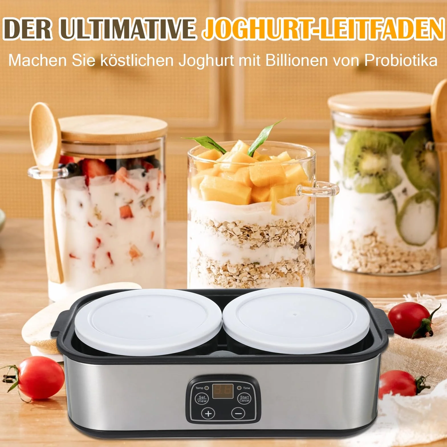 Yogur, 2 litros, máquina automática de yogur digital con 2 vasos, yogur con temporizador y control de temperatura, yogur para yogur griego, queso, natto, vino de arroz, plata, 2 litros