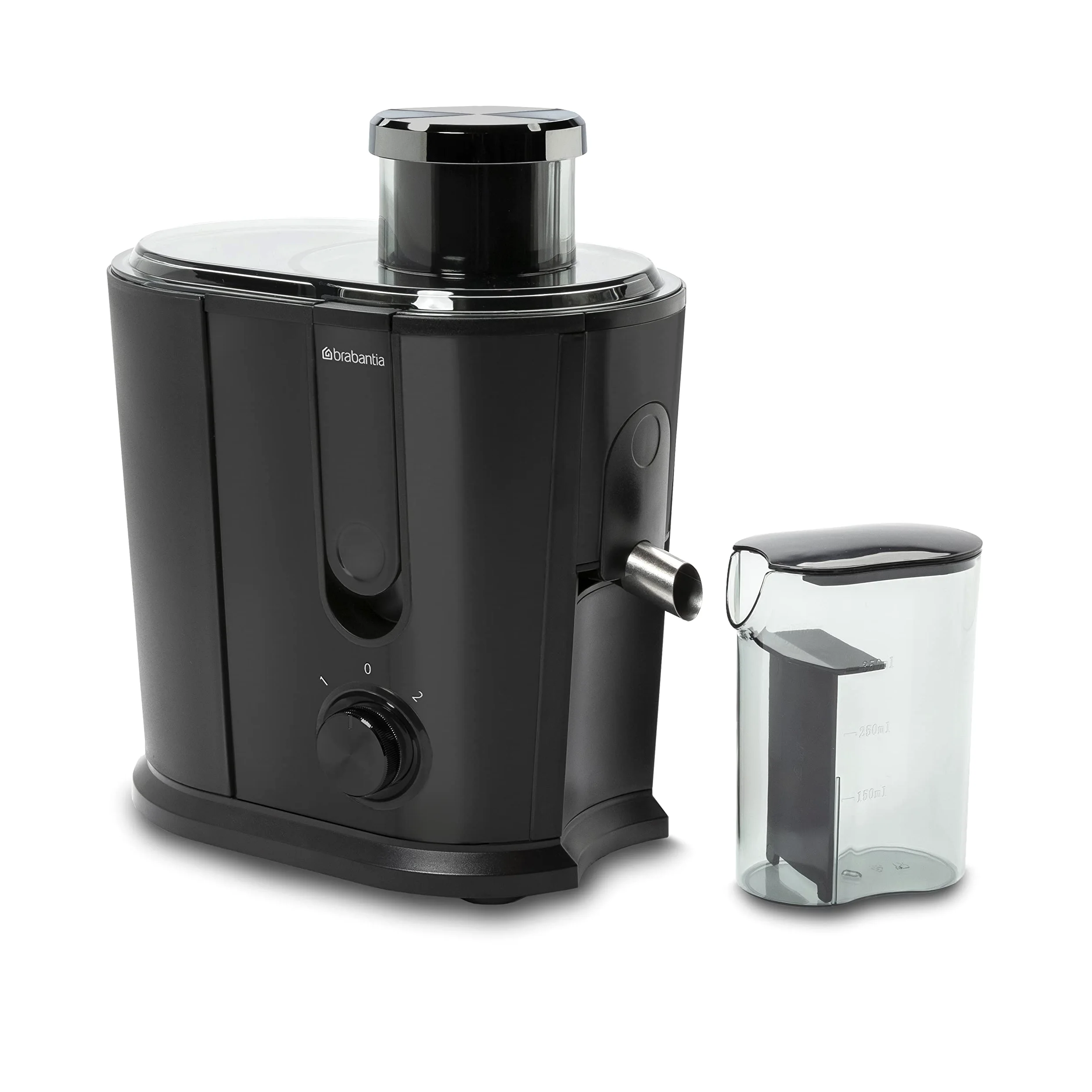 Extractora de Zumo Brabantia, 500 Vatios, Recipiente de Pulpa 1 L | Jarra de Zumo 0,35 L, 2 Velocidades, Licuadora Potente, Eléctrica, Verduras y Frutas, Acero Inox, Negro, BBEK1123BK