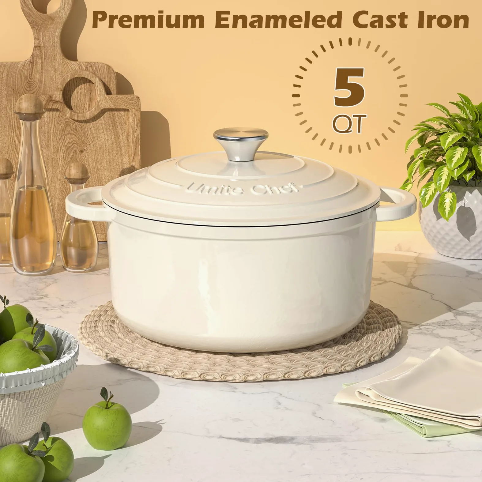 Umite Chef - Horno holandés de hierro fundido esmaltado, olla de 5 cuartos con tapa, libro de cocina y agarraderas de algodón, utensilios de cocina resistentes para estofar, guisos, asar, hornear pan