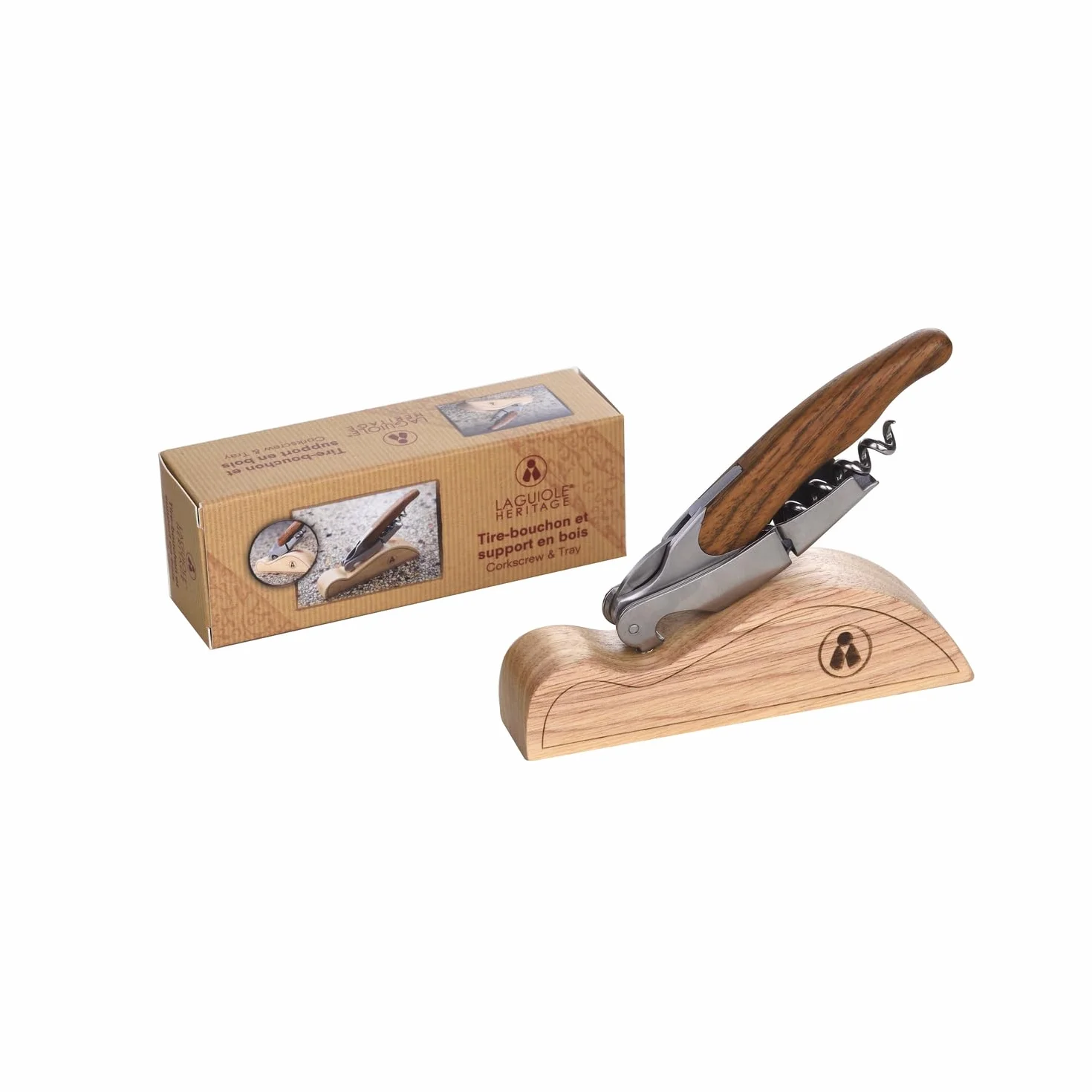 Sacacorchos Laguiole Heritage con tabla de servir - 12 cm - Hecho a mano - Mango de roble - Caja de regalo incluida - Cuchillo de camarero Sommelier con abrebotellas y cortahojas