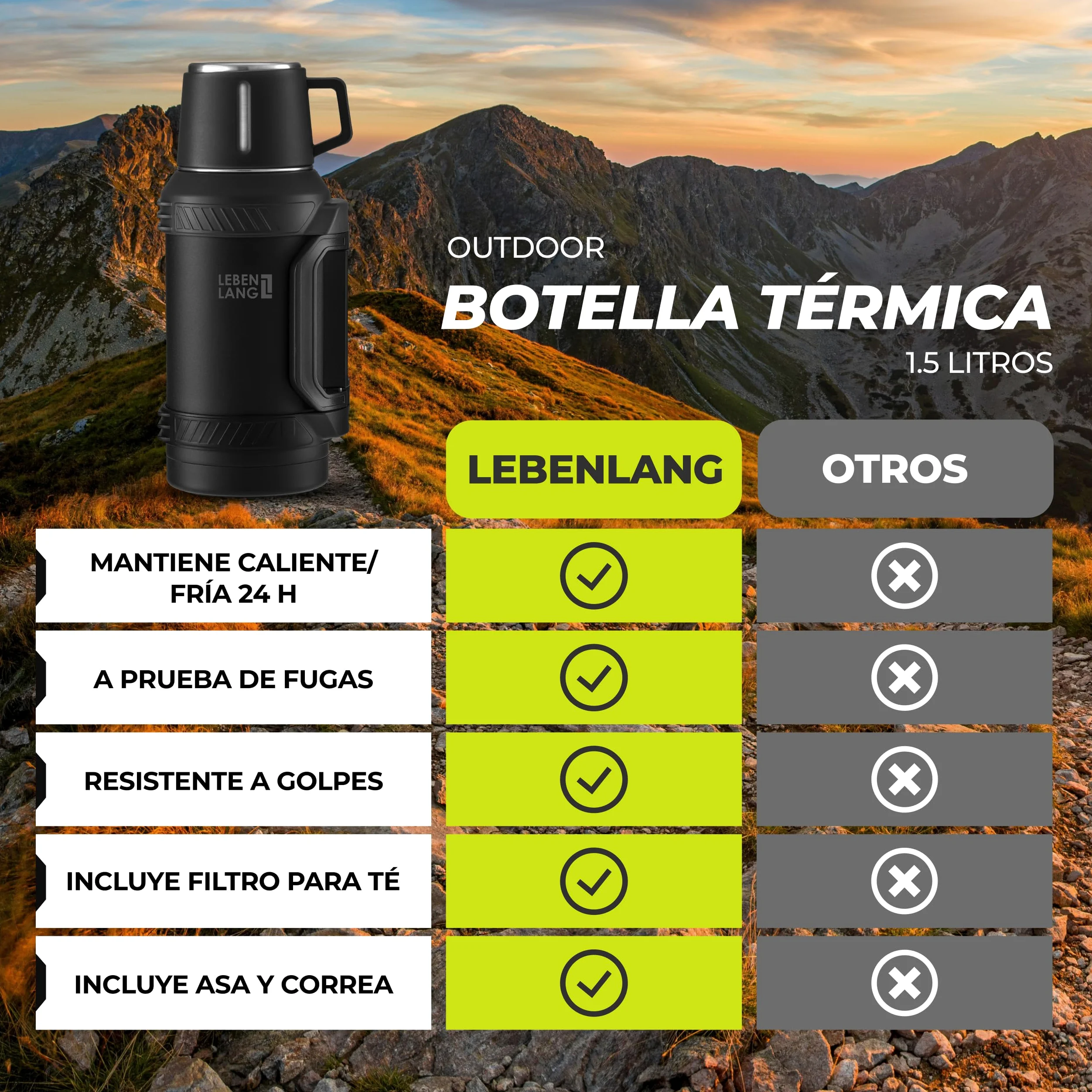 LEBENLANG Termo café de 1,5 litros - 24 horas de calor & Incl. vaso | Termos mate liquidos Botella termica fria 1 5 L montaña para cafe Thermos bottle agua calientes I filtro para té & bandolera
