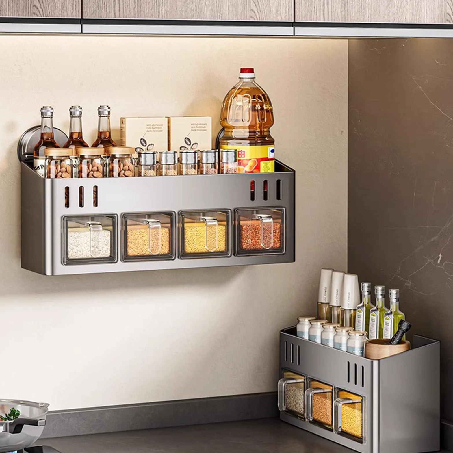 Estante para especias con botes de especias, montaje con ventosa, organizador de especias, soporte para especias de pared con gran capacidad, sin taladrar, soporte para especias para cocina