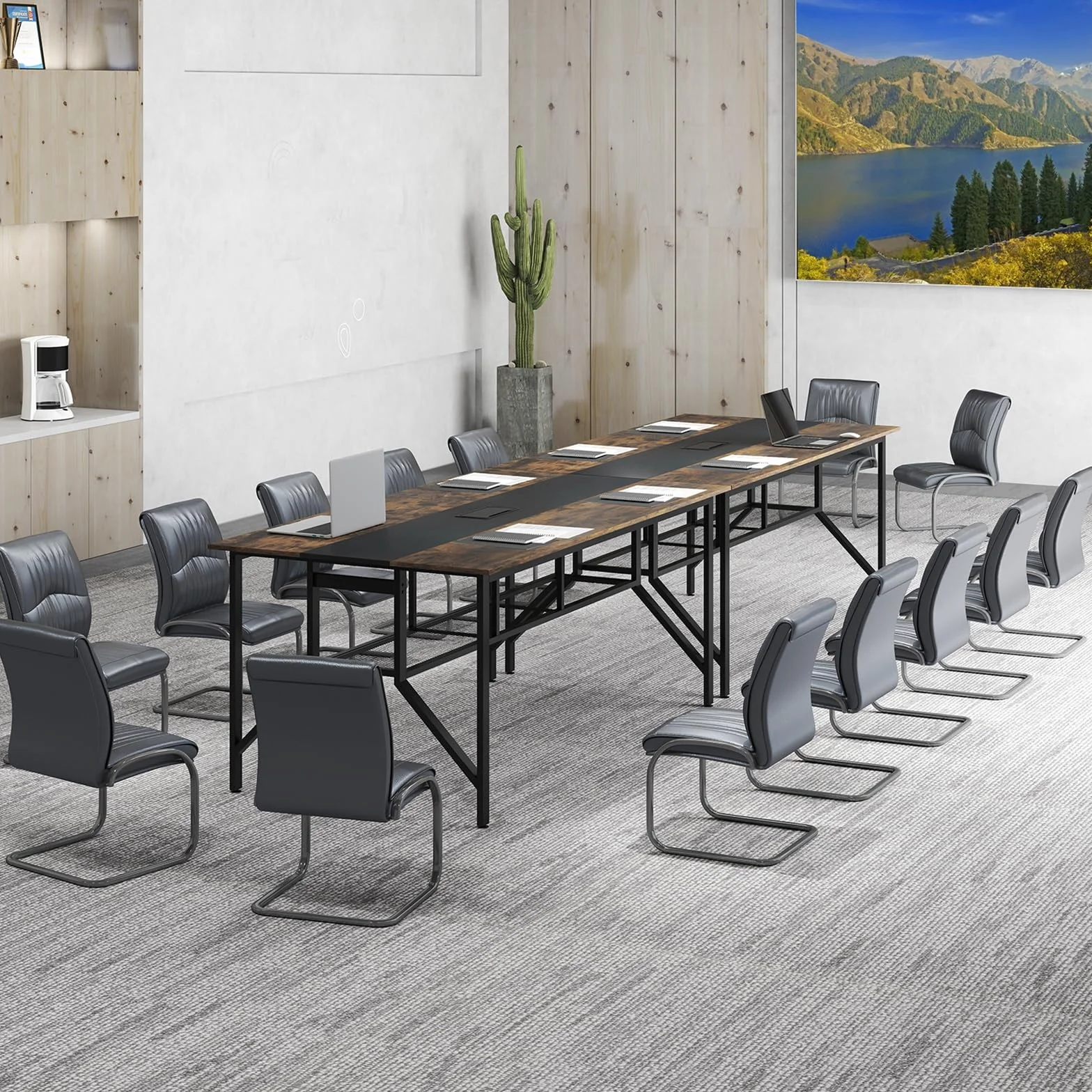 GIANTEX Mesa de Conferencia Rectangular, Mesa de Reuniones Grande con Pasacables y Estante de Almacenamiento, Estructura de Metal, 180 x 96 x 76 cm, para Oficina, Casa