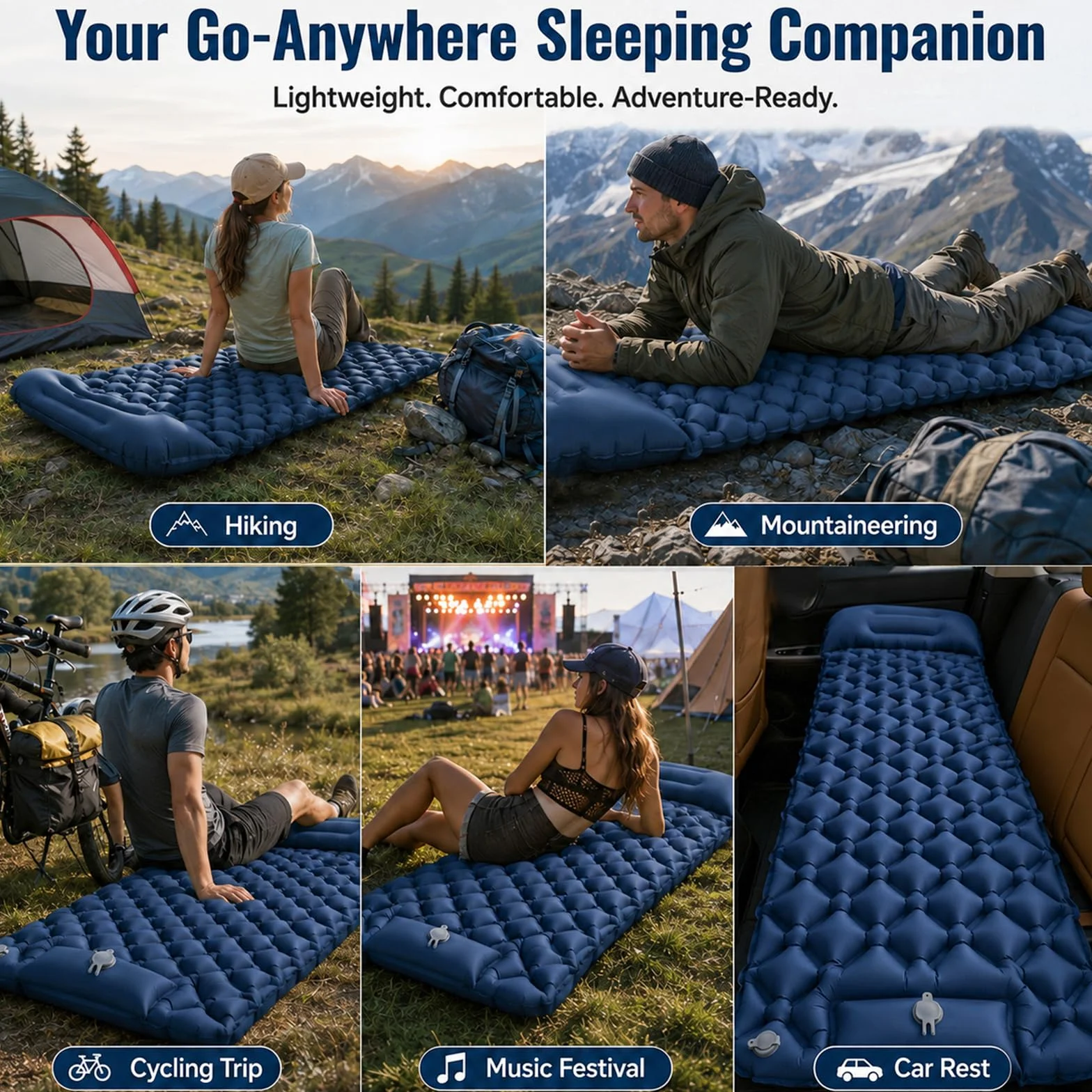 Esterilla Camping Autohinchable Individual con Almohada y Bomba de Pie Ultraligero Plegable Azul Marino