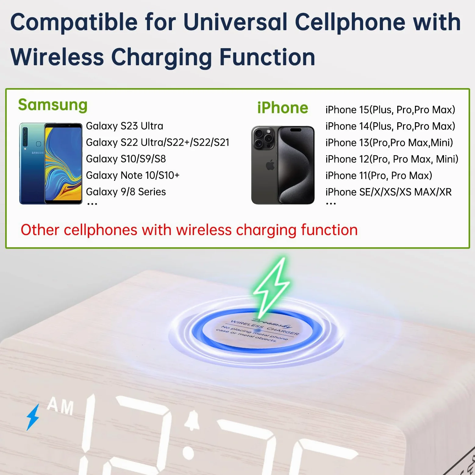DreamSky Reloj despertador digital de madera con carga inalámbrica, mesita de noche con estación de carga, conexión USB, números grandes, volumen ajustable, atenuador de brillo, DST