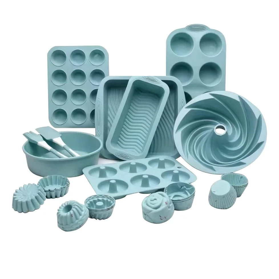 Juego de moldes para Hornear de Silicona de 33 Piezas NYSDM Incluye Bandeja Cuadrada, Molde para Pan, Molde para Pasteles Redondos Savarin, Bandeja para Muffins, Herramientas de Color nórdico