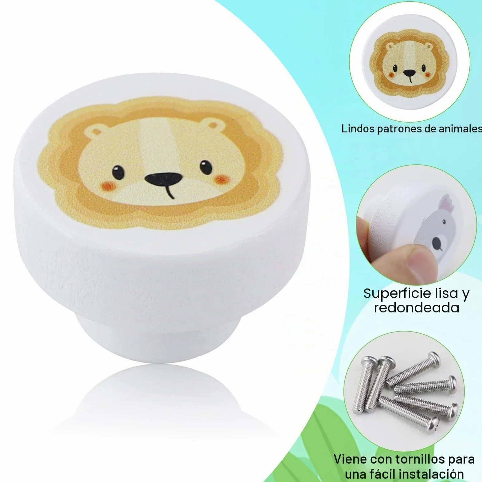 6 Piezas Pomos de madera para habitación infantil, pomos redondos con tornillos, pomo para armario infantil para Cajón de Tocador de Cocina (Patrón de Animales)