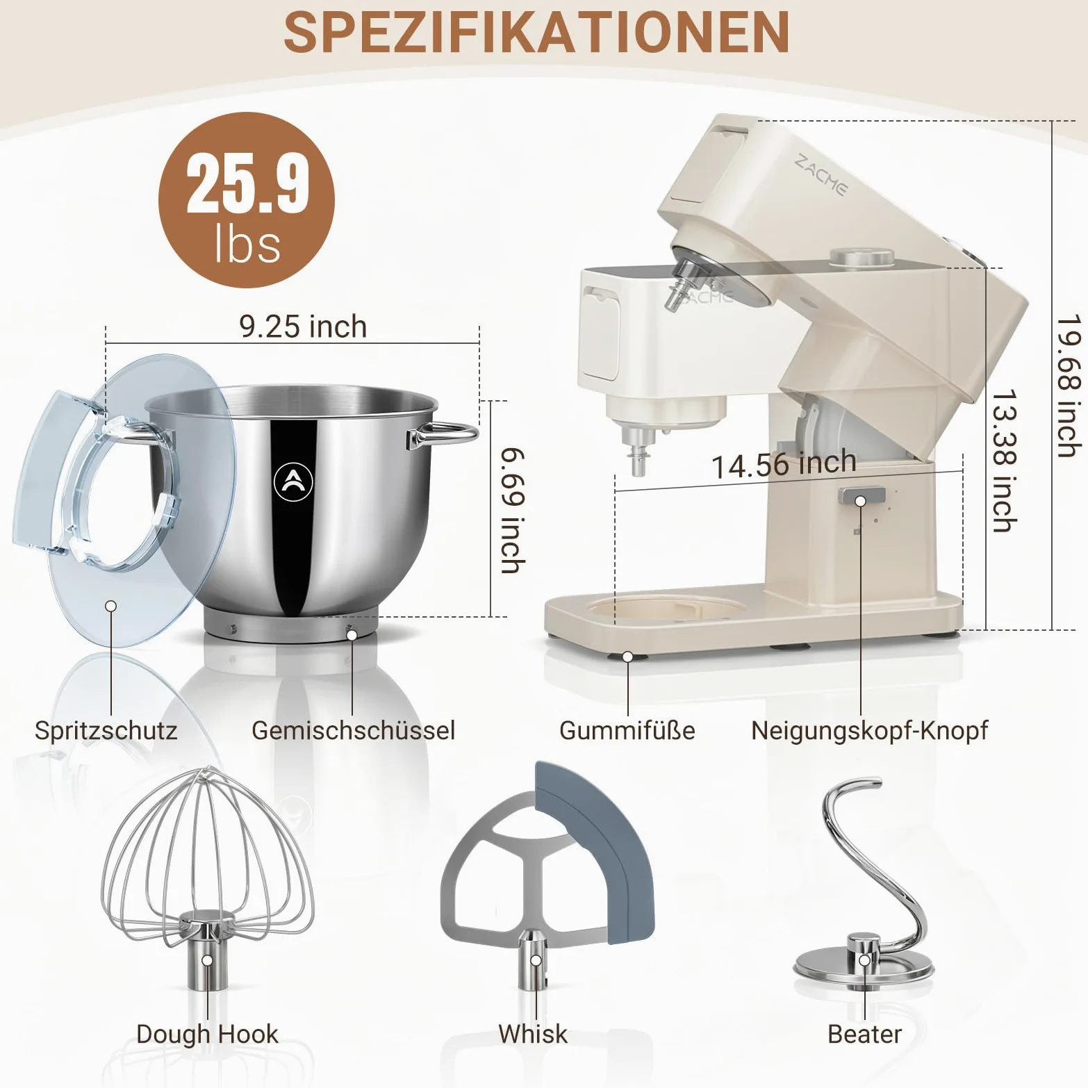 ZACME Robot de cocina de 1200 W, cuenco de acero inoxidable de 5,2 L, motor de CC silencioso, transmisión de 11 niveles, incluye 3 herramientas para mezclar (gancho para amasar, batidor, batidor