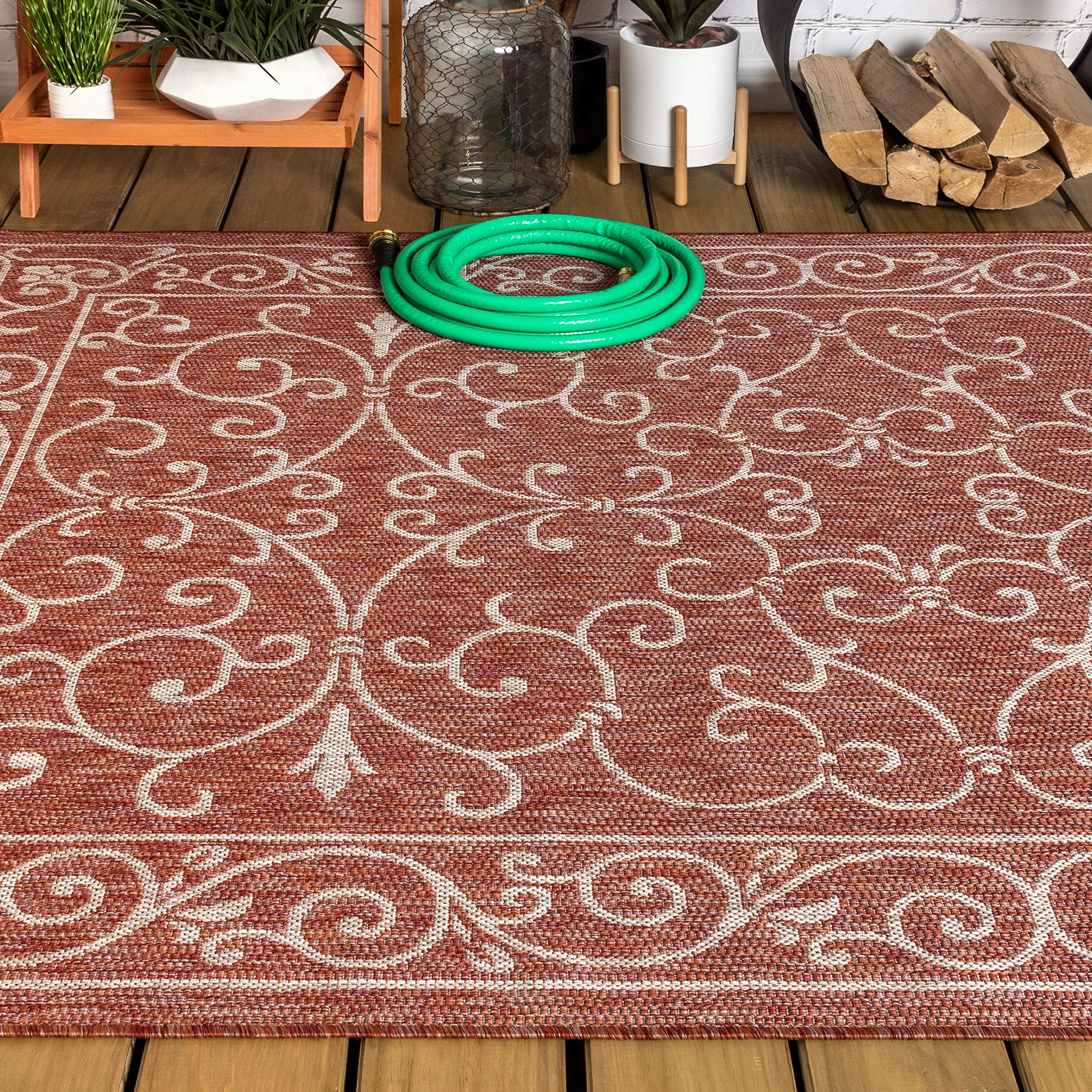 JONATHAN Y SMB106B-8 Charleston Alfombra Exterior Interior Textura Tejido Filigrana Vintage, Fácil de Limpiar, Habitación, Cocina, 240 cm x 300 cm, Rojo/Beige