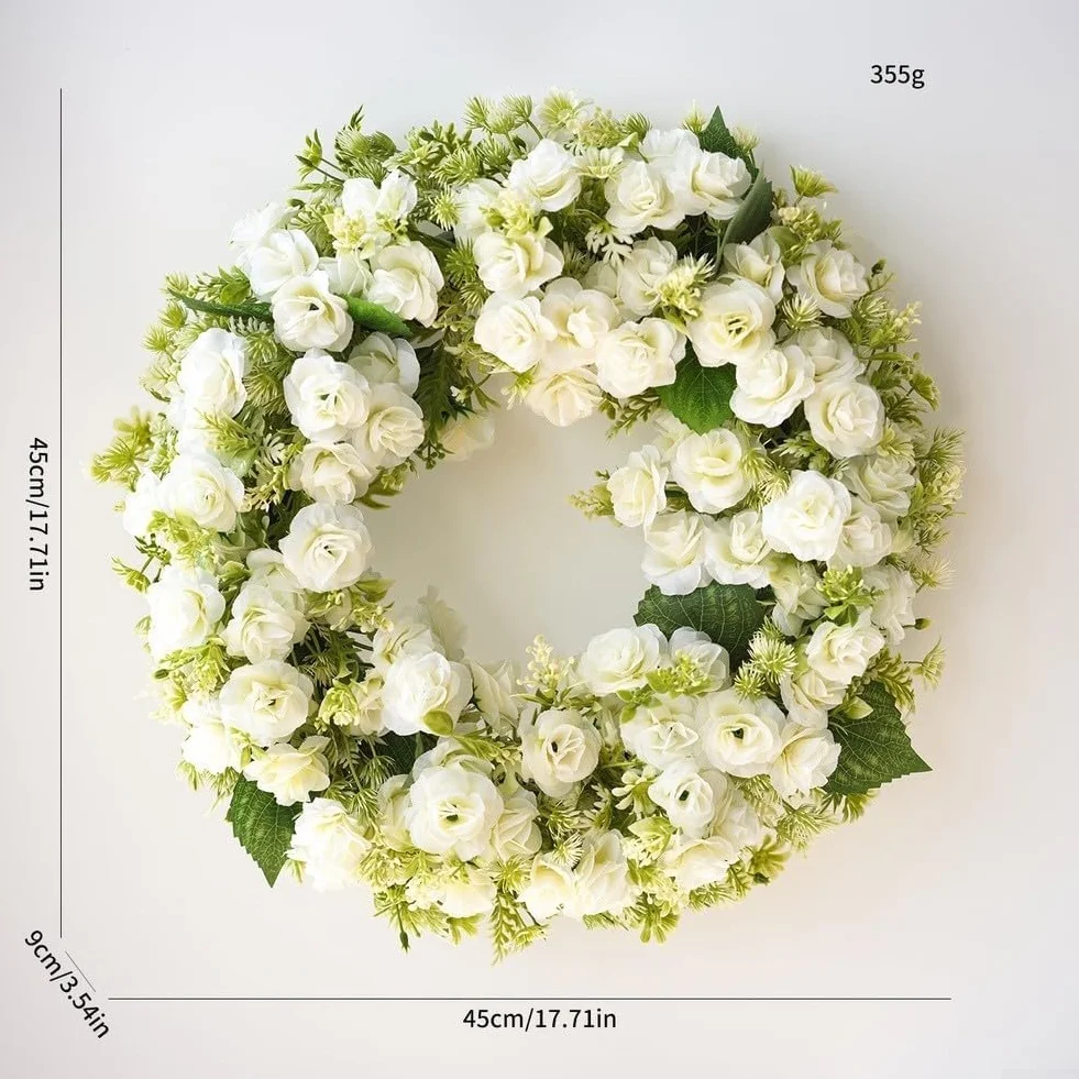 Corona de rosas con pétalos artificiales blancos y rosas para montaje en pared de puerta, primavera, verano, boda, interior y exterior (blanco)