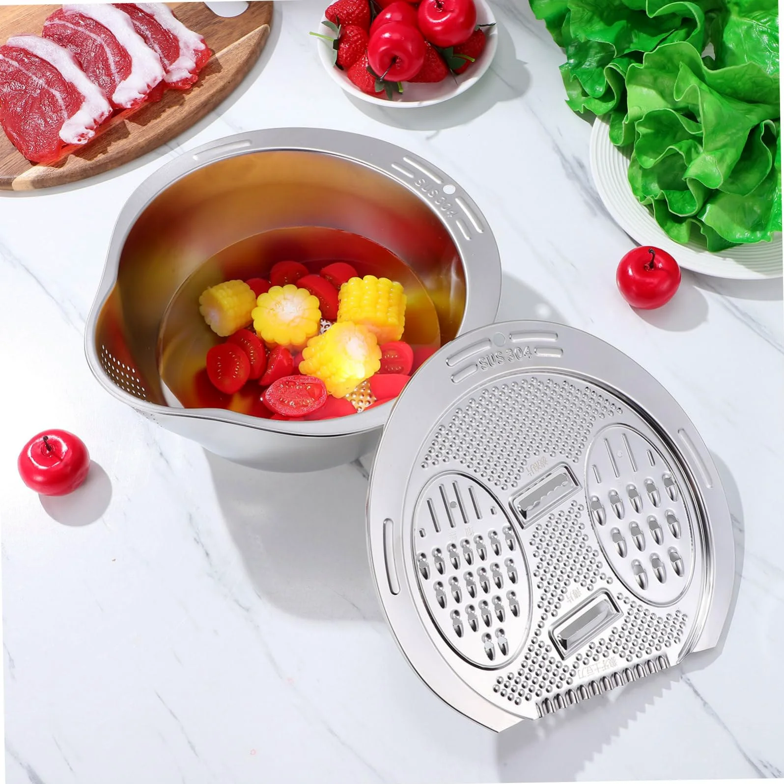 GLEAVI Lavadero de Arroz Acero Inoxidable Colador Multifuncion para Cocina Tazón Escurridor Alimentos Lavar Arroz Fruta Vegetales