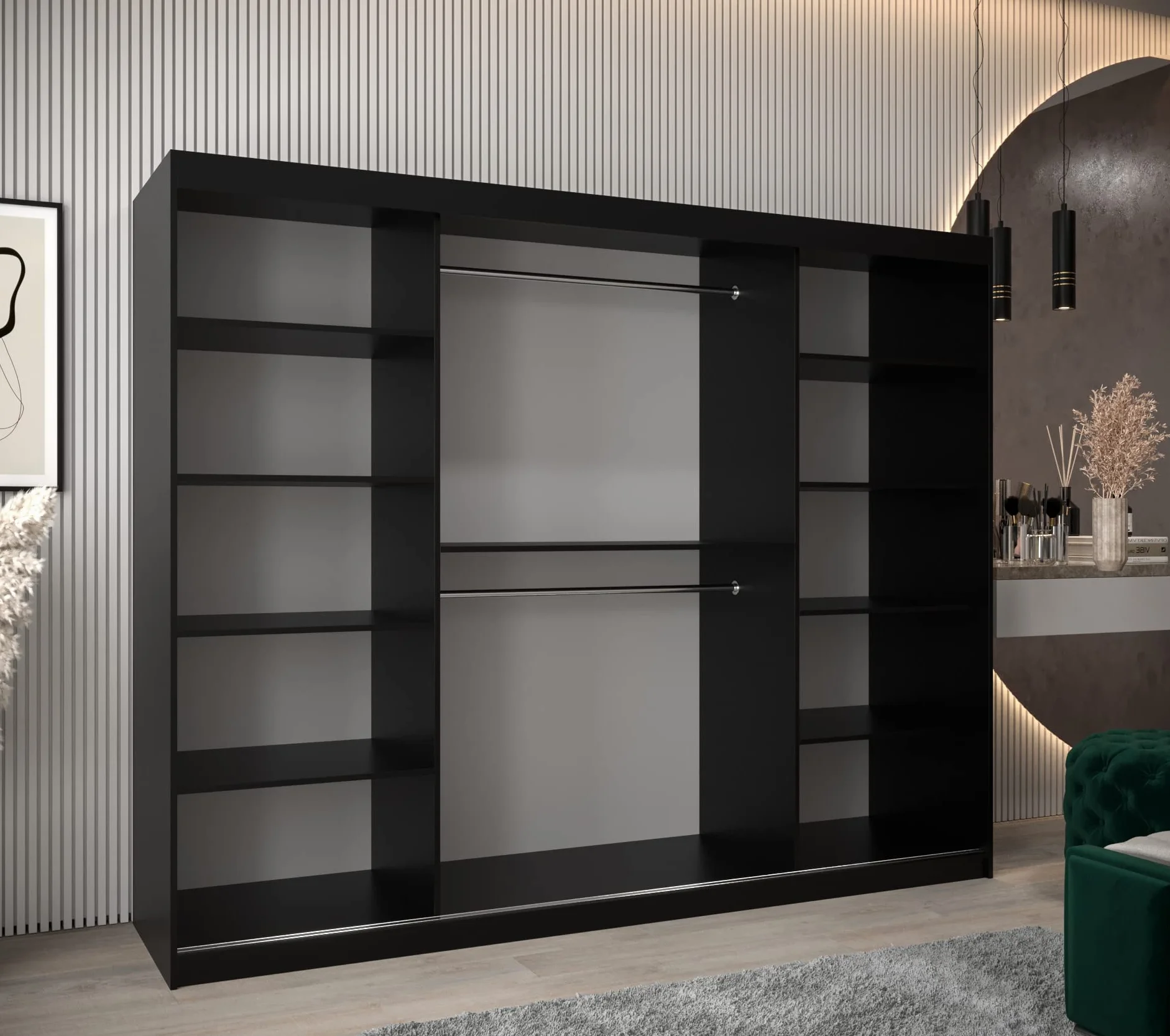 ABIKSMEBLE Tokio 1 250 Armario 3 Puertas Correderas para Dormitorio - Armario Moderno con Espejo, Barra y Estantes - 250x200x62 cm (Ancho x Alto x Fondo) - Negro Mate