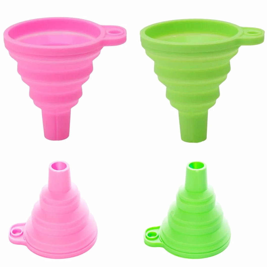 4 Embudos Plegables de Silicona, 2 Tamaños en Rosa y Verde, Set de Embudos de Cocina para Líquidos como Aceite, Cerveza, Ideal para Hogar y Camping (grande y pequeño)