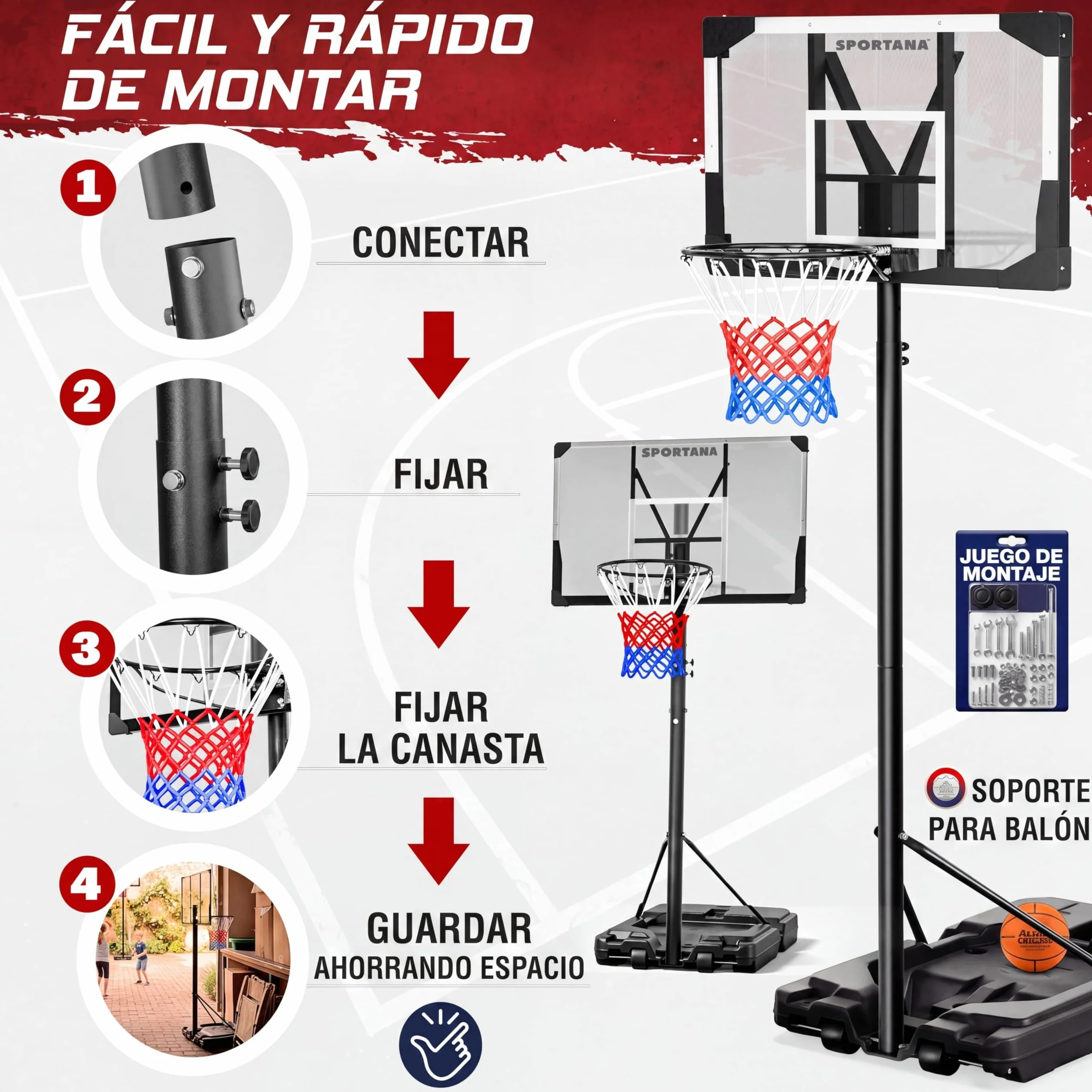 Canasta Baloncesto Exterior Altura Regulable 135-305 cm Soporte Portátil Base Rellenable 60 kg Aro Amortiguador Ø45 cm