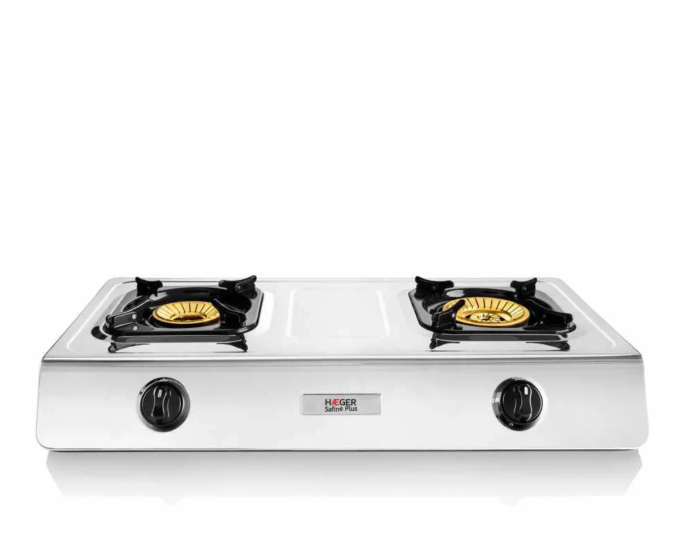 HAEGER SAFINE Plus - Cocina a Gas en INOX, 2 Quemadores, Acero Inoxidable, Doble Quemador en Bronce con 110mm y 90mm con Llama “Whirlwind, Encendido automático