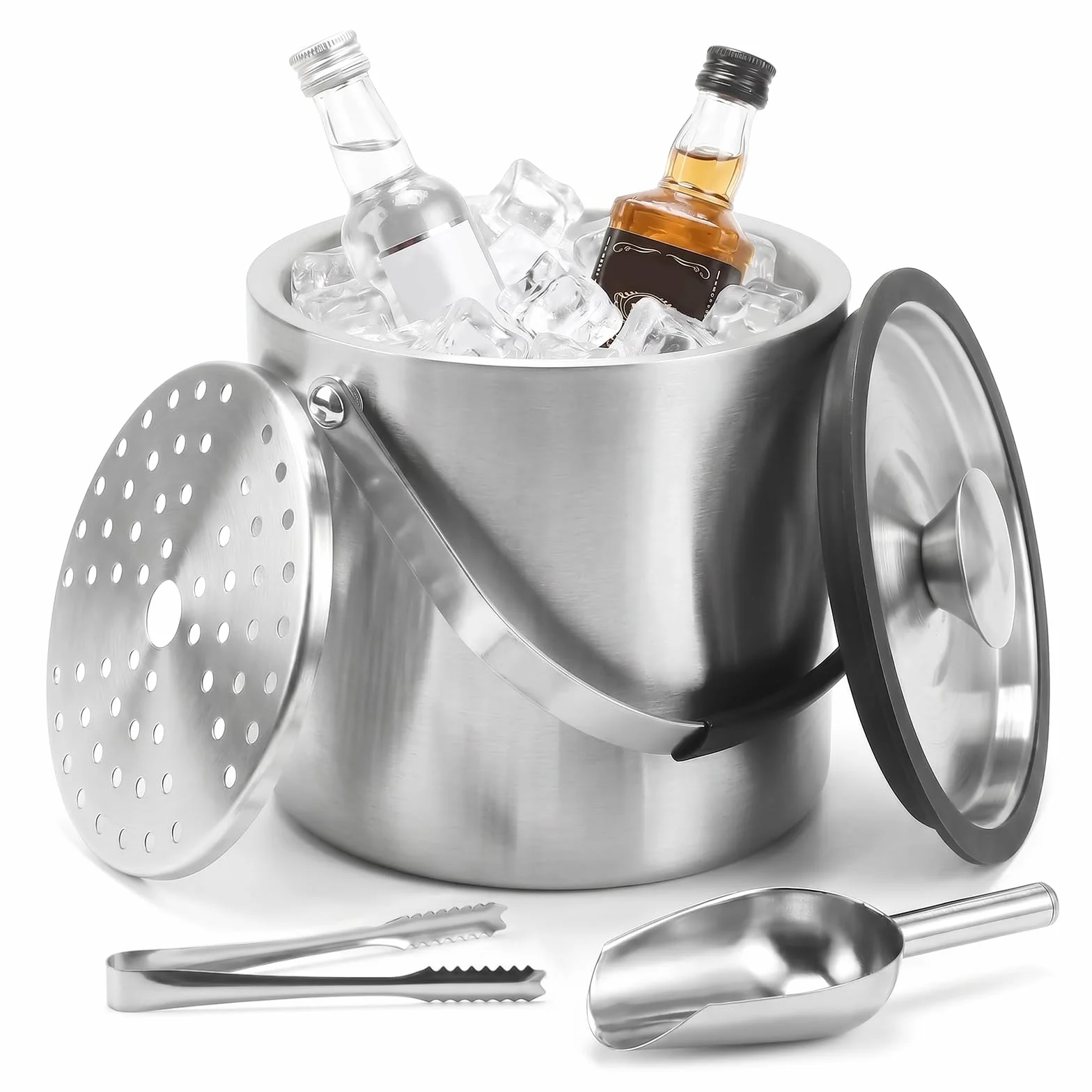 3L Cubitera de Acero Inoxidable, Cubo de Hielo con Tapa, Cuchara, Filtro y Clip Cubitera Aislado de Doble Pared Portátil Contenedores de Hielo para Fiestas, Restaurantes, Picnics, Vino