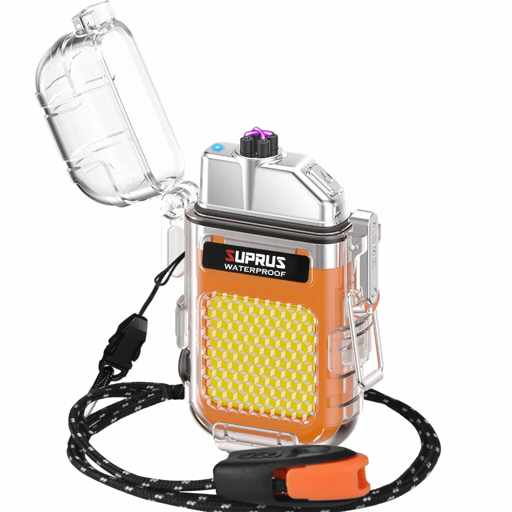 SUPRUS Encendedor de plasma recargable impermeable resistente al viento doble arco con silbato de emergencia naranja