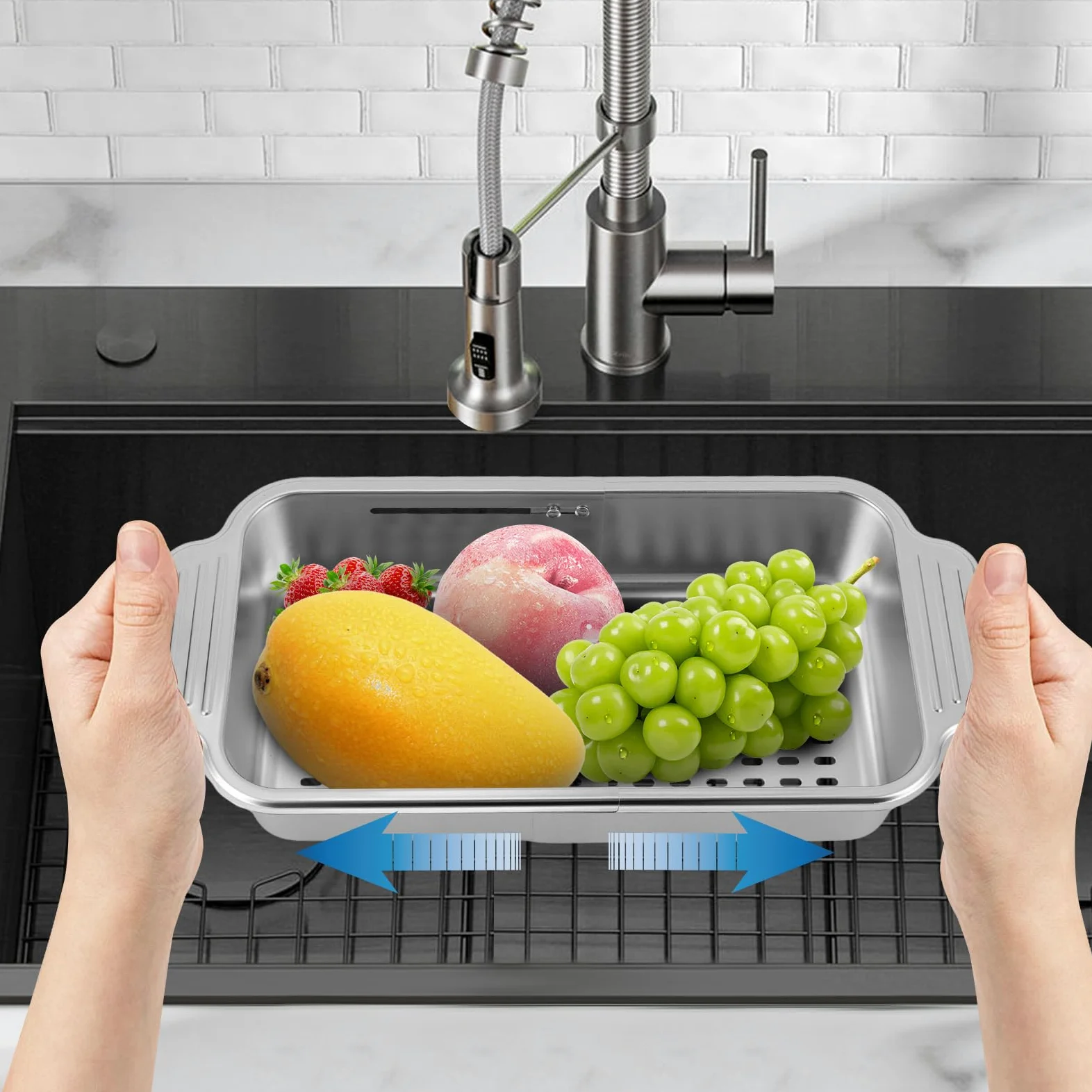 Colador para cocina, fregadero con asas dobles, extensible, colador de pasta de acero inoxidable 304, colador para fregadero de cocina, color plateado