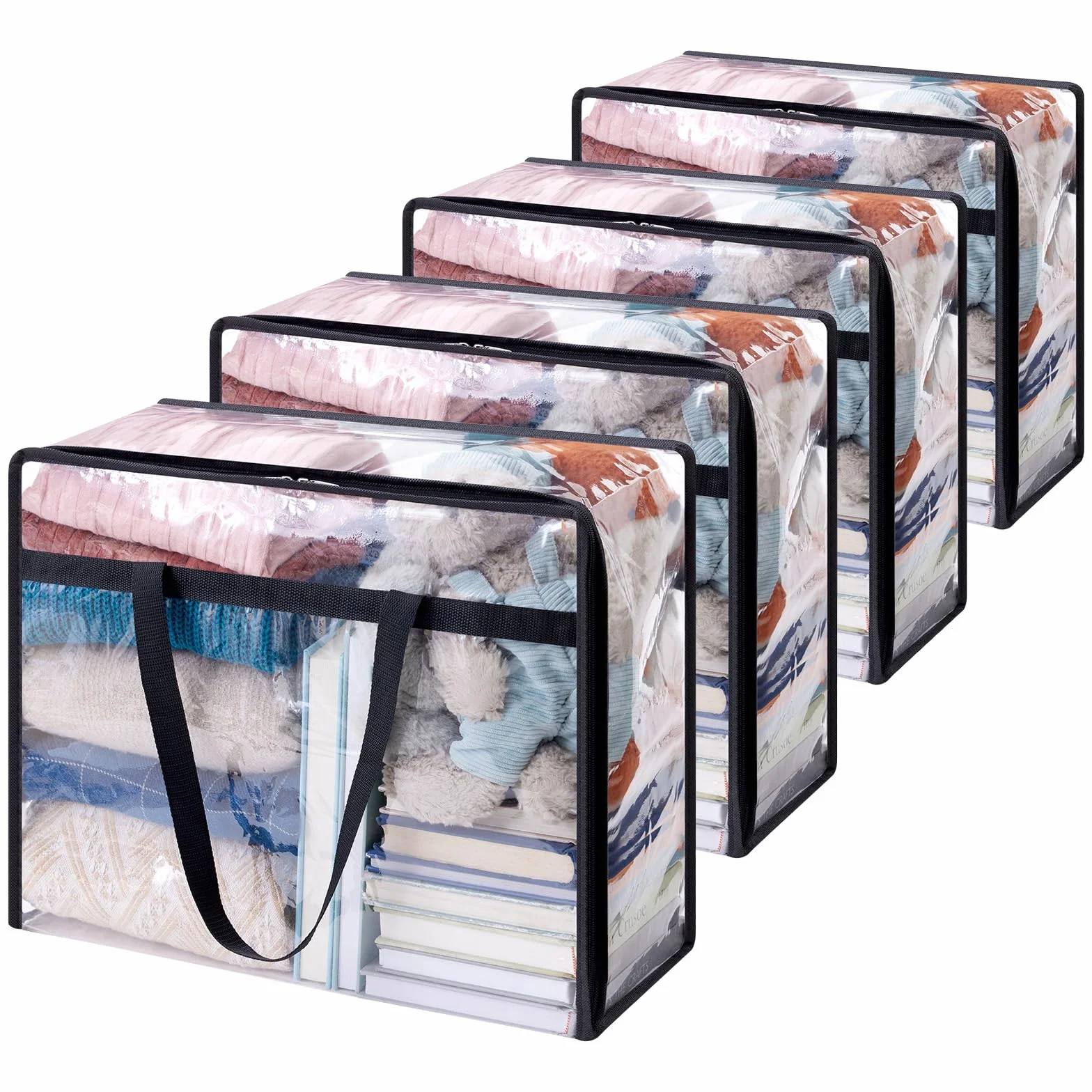 Lifewit 4 Piezas Bolsas para Guardar Ropa Transparentes 40L, Bolsas Almacenaje Ropa Plegable de PVC, Cajas Almacenaje con Asas, Organizador Armario para Mantas, Ropa, Juguetes, Mudanza, Libro