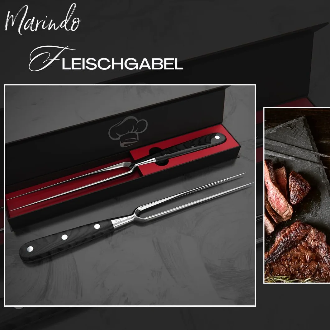 Marindo® Tenedor Profesional de Carne de Acero Inoxidable | 31,5 cm Con Mango de Madera y Hoja de 17 cm | Para Barbacoa y Trinchar