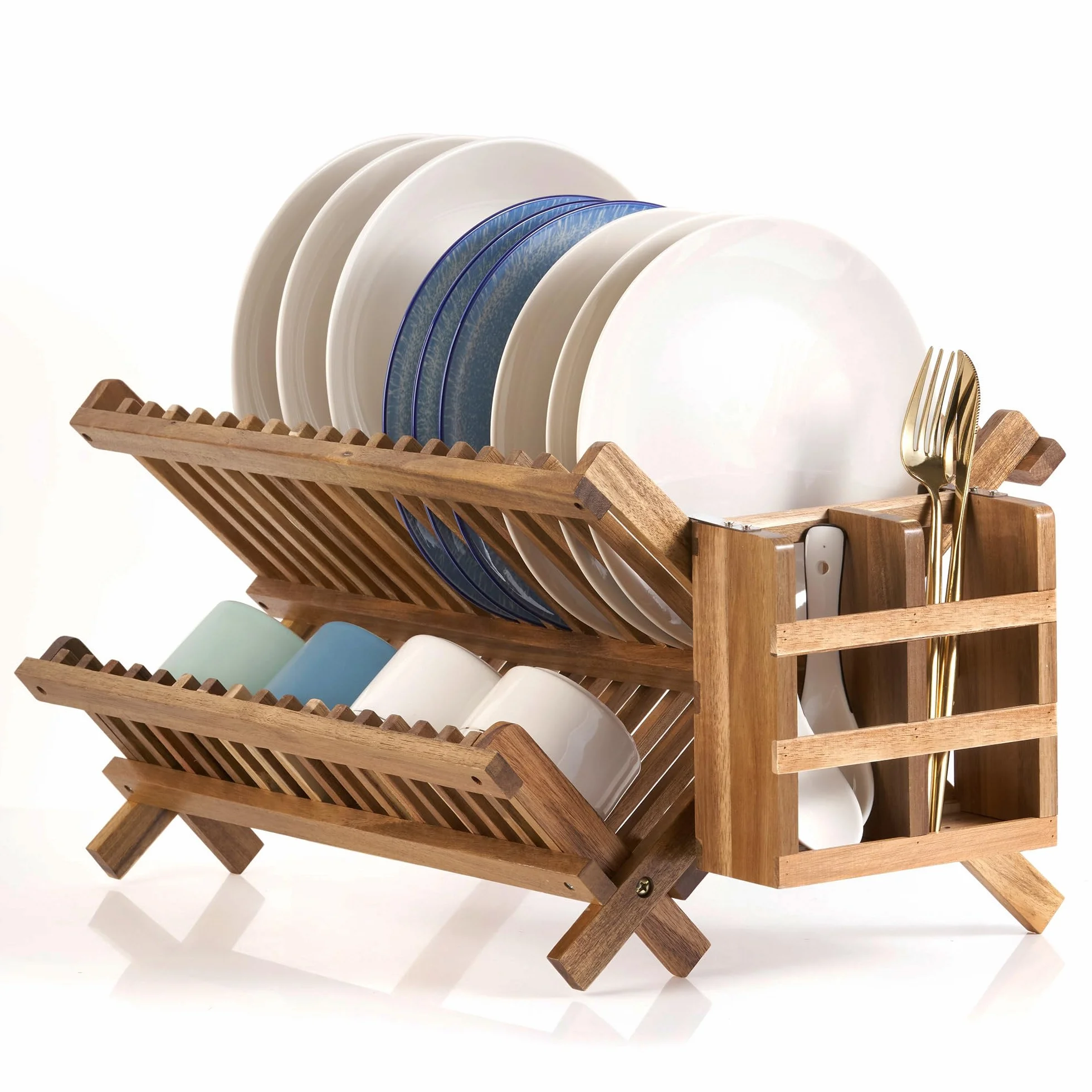 Escurridor de platos de acacia, plegable de 2 niveles con soporte para utensilios, escurridor de platos de madera grande para encimera de cocina
