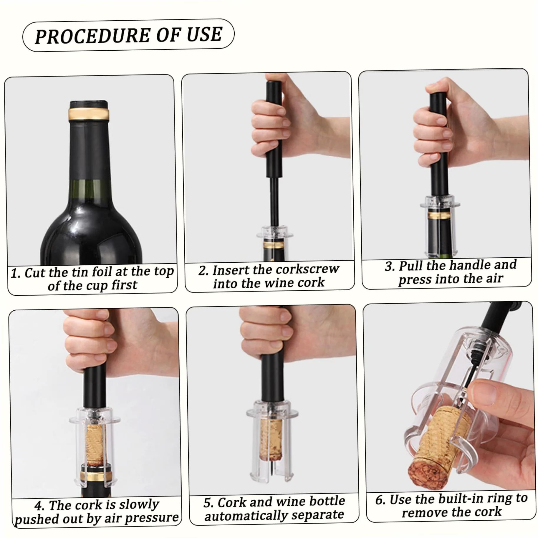 Abridor de Botellas de Vino, Bomba autocentrante para abridor de Vino, Manual de presión de Aire fácil de Usar para Corcho Rojo