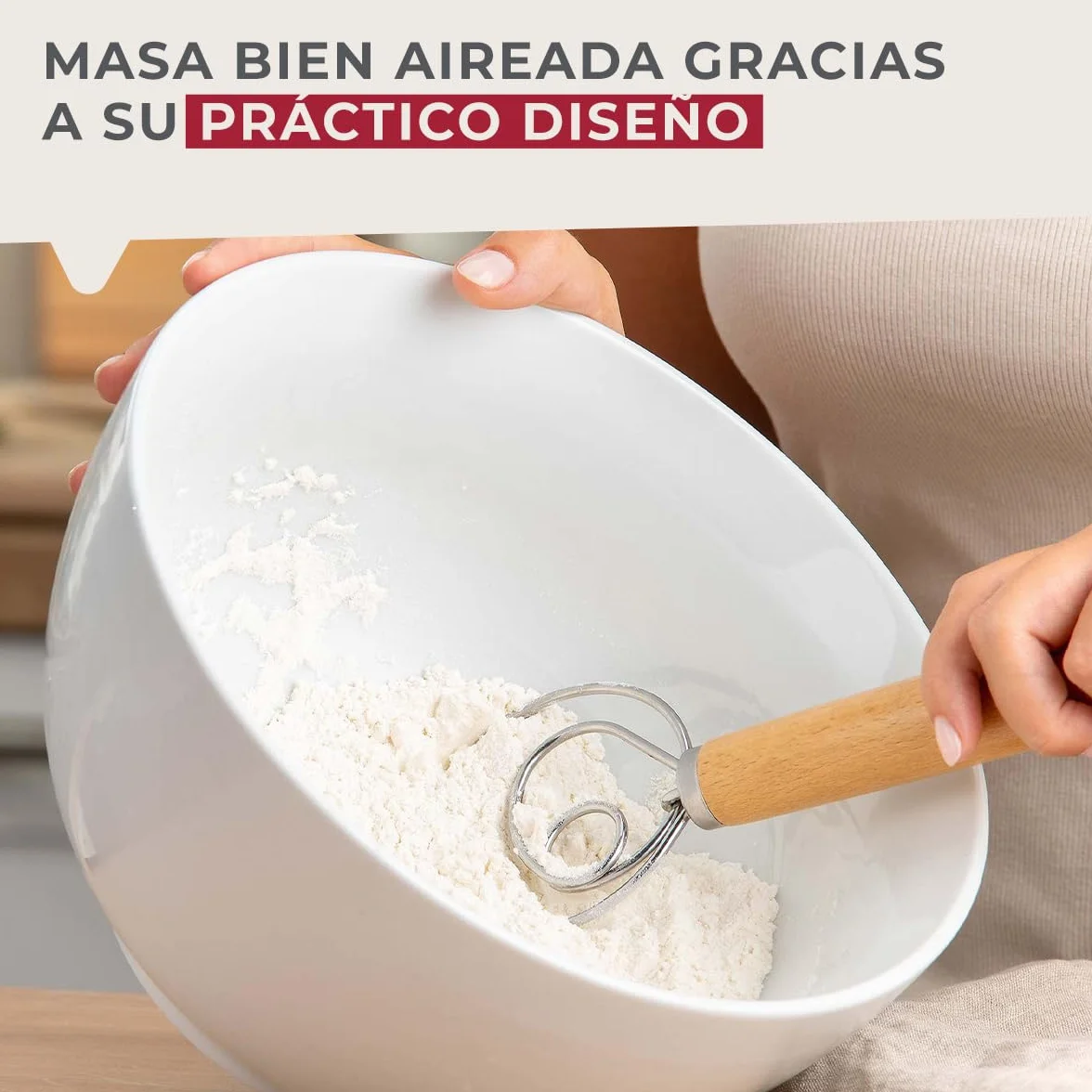 Fackelmann Batidor de masa para pasta, focaccia y masa, batidor para masas aireadas, batidor danés con mango ergonómico de madera de haya, color plata/marrón