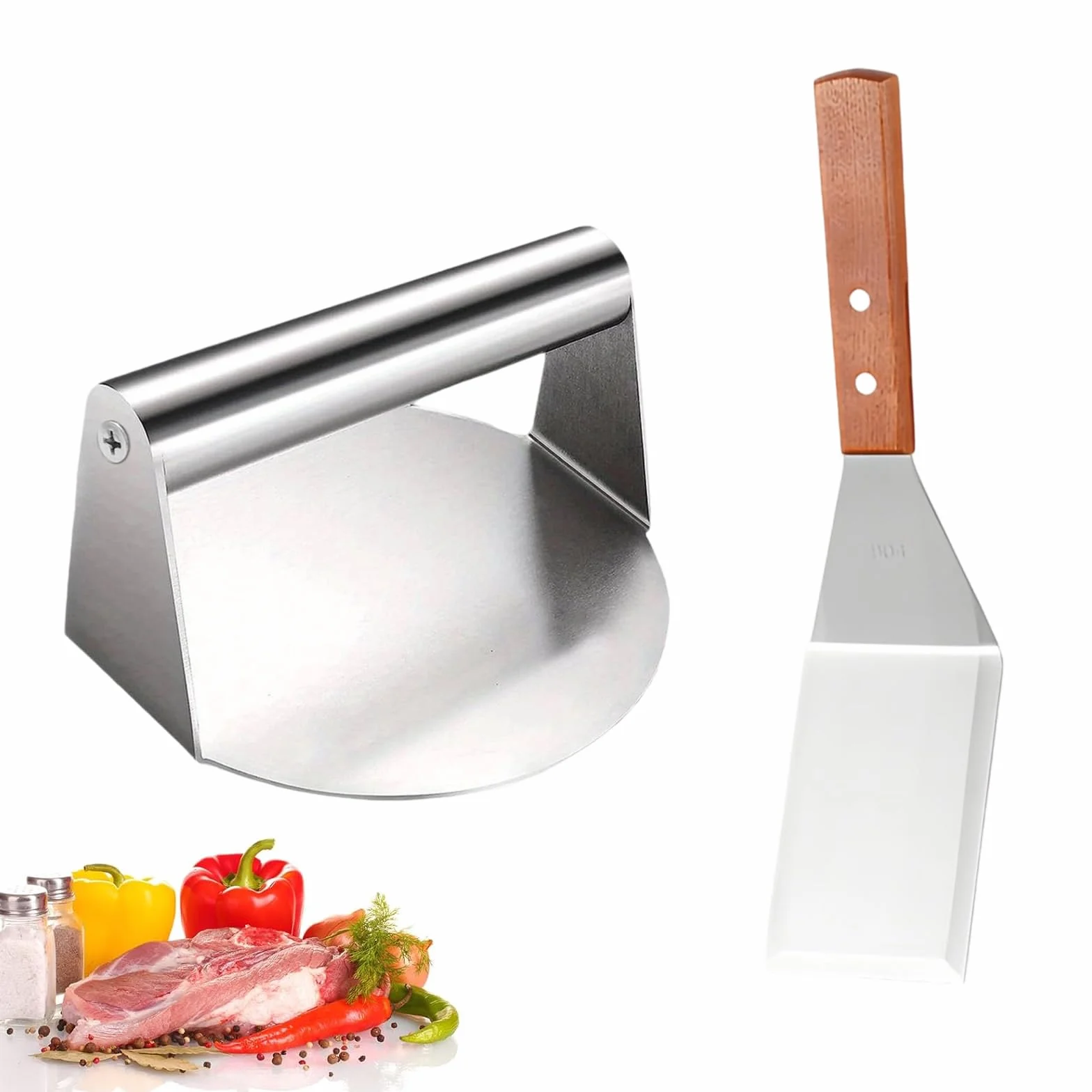 Aplastador de Hamburguesas Juego, 14 × 14 × 7,5 cm Aplasta Hamburguesas, Redondo Acero Inoxidable Prensa de Hamburguesa con Espátula de 29,5 × 7,1 cm para Asar en Plano y Reducir Grasa