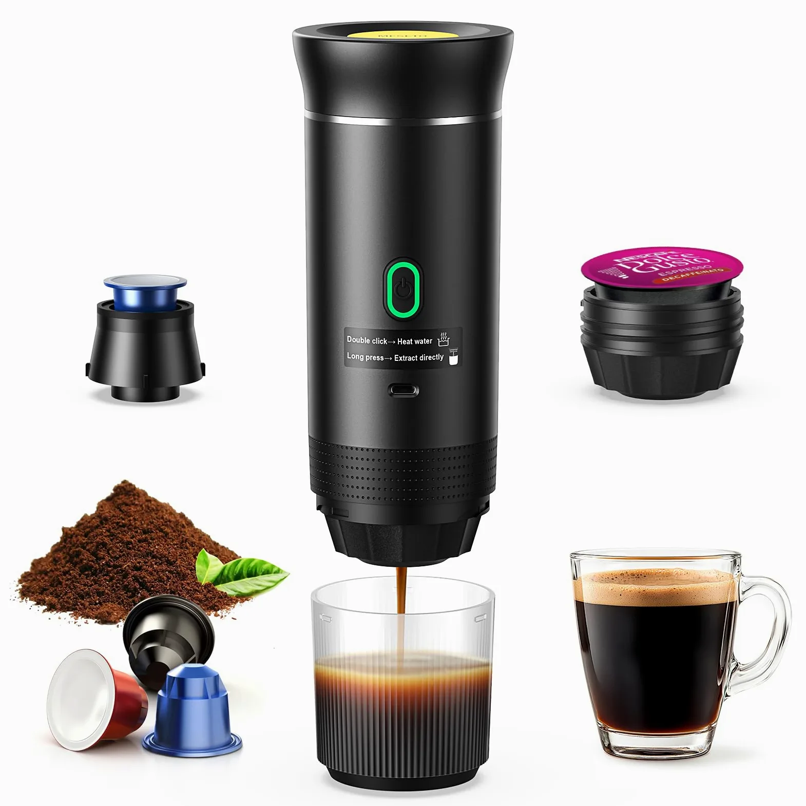 Máquina de café expreso portátil, cafetera de viaje para camping, cafetera autocalentable con USB-C, compatible con café molido y cápsulas NS, cafetera espresso portátil para RV, hogar, senderismo