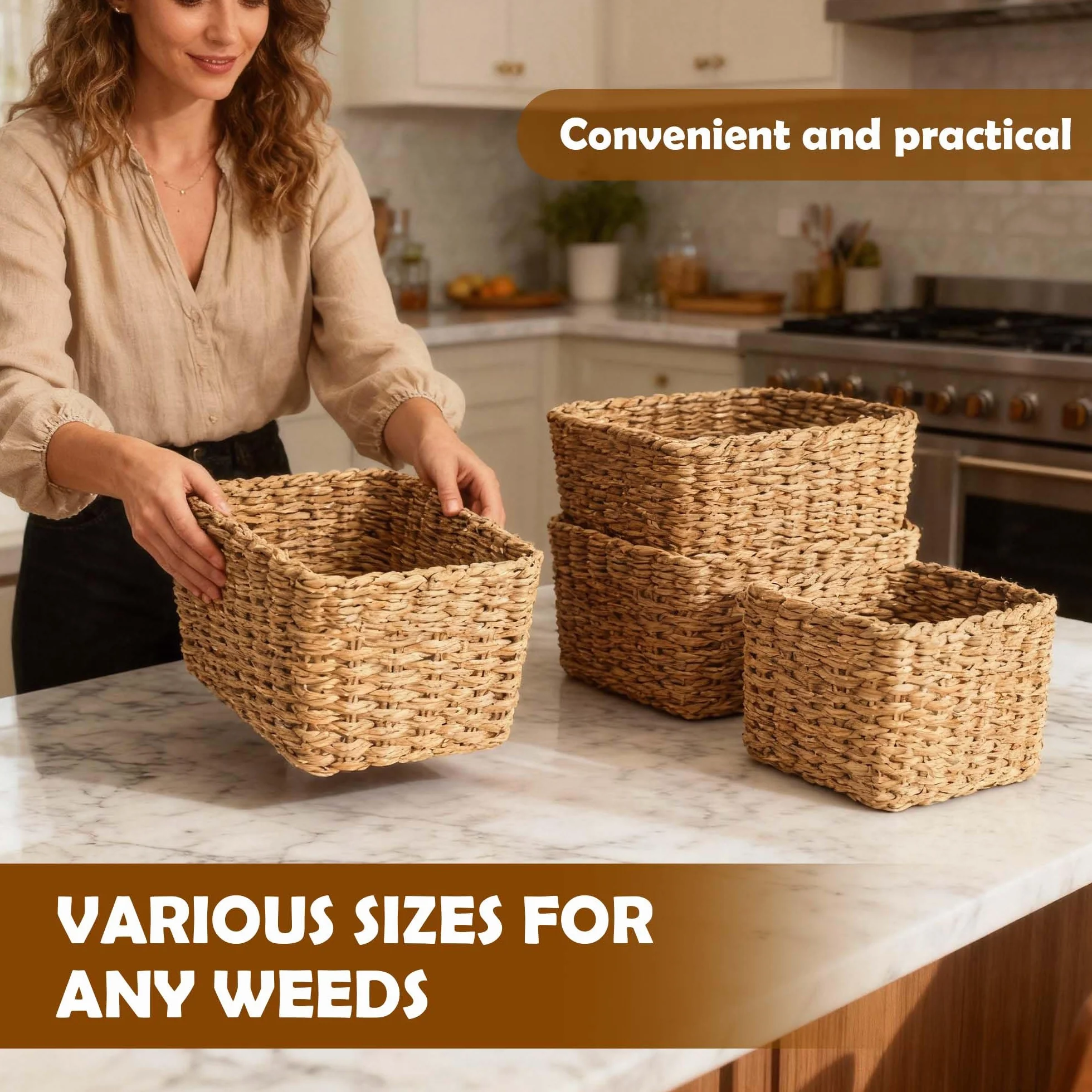Juego de 4 Cestas de Almacenamiento Trenzadas Boho Apilables para Organizar Cambiador Cocina Salón Dormitorio