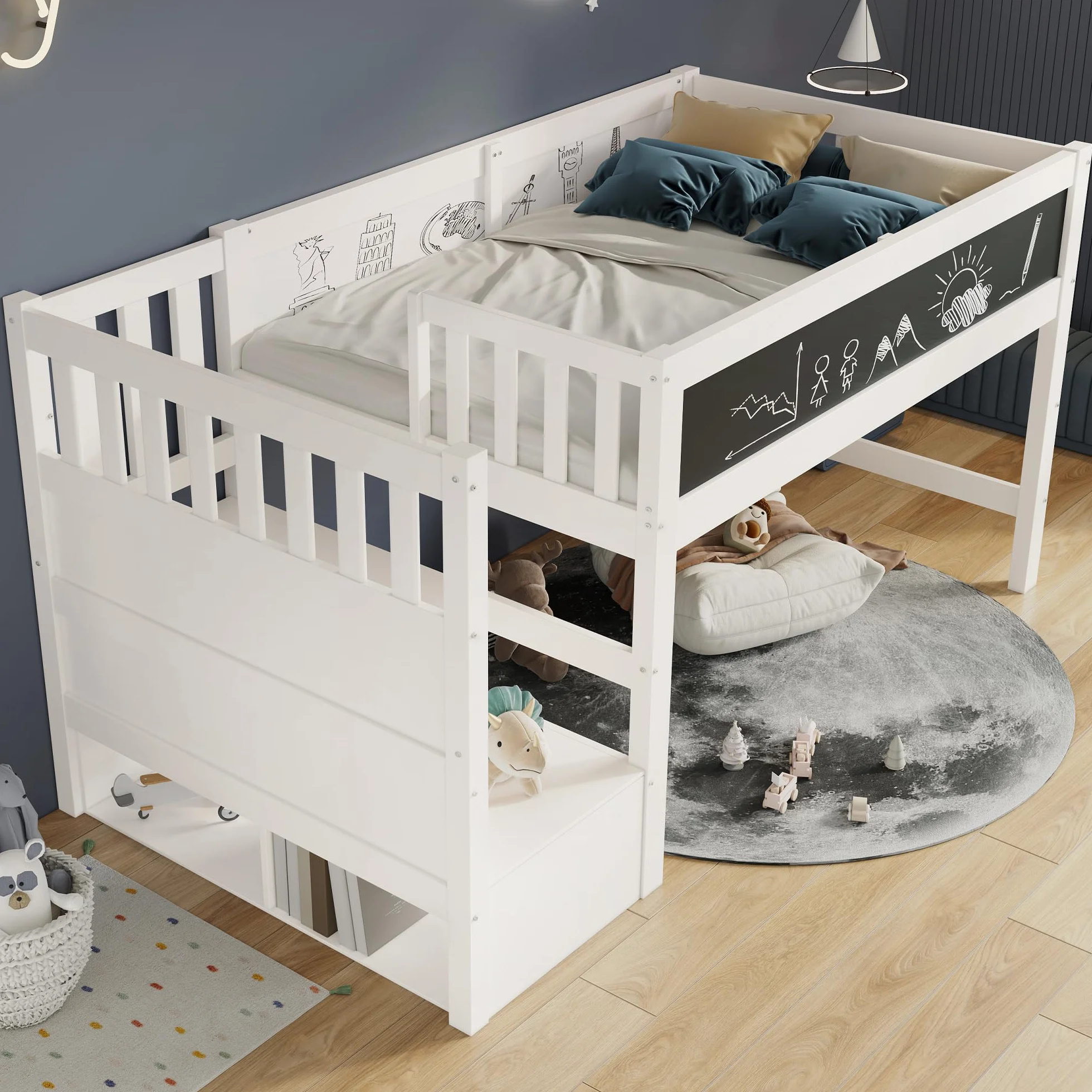 LAKFEW Cama Infantil Cama Alta 90x200 cm con Escalera de Almacenamiento y Pizarra, Camas Infantiles con Protección Anticaída, Cama para Niños, Camas Altas de Madera, Blanco, Sin Colchon