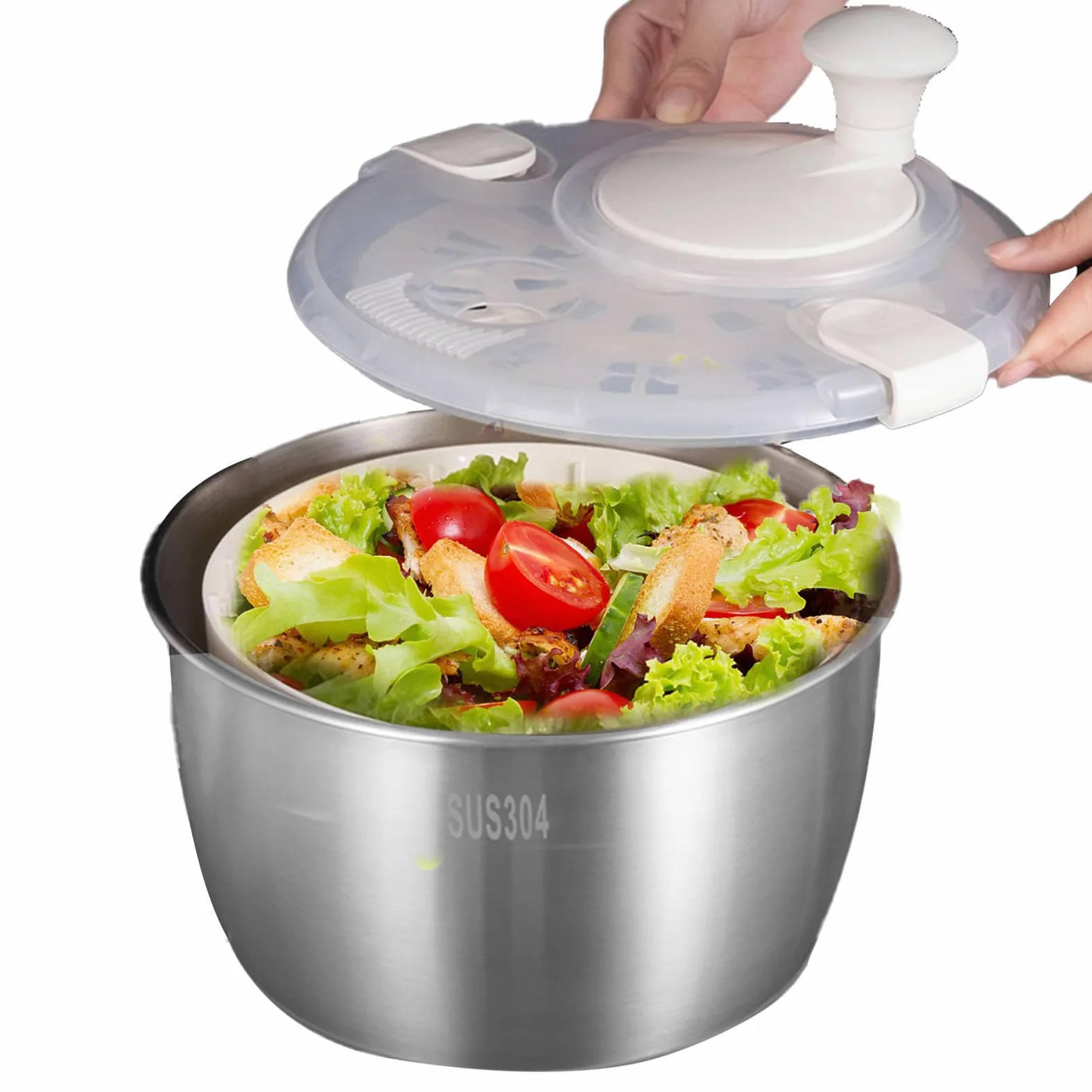 Centrifugador de ensalada grande – Ensalada giratoria de verduras | Arandela de acero inoxidable con mango giratorio, verduras y batidora para lavar y secar frutas y verduras