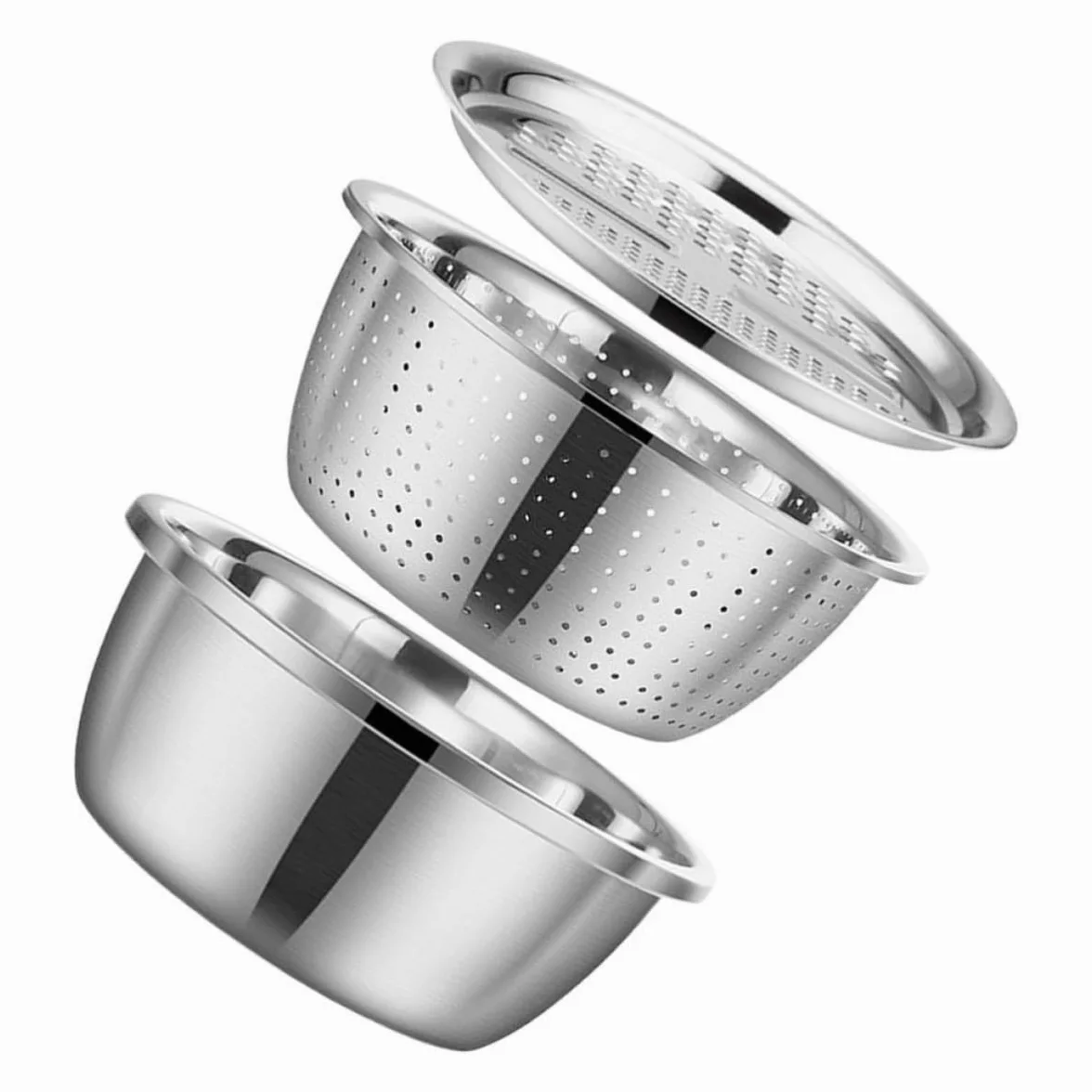 Juego de Coladores de Acero Inoxidable 3 Piezas con Borde Grueso | Plata, Lavado y Cocina Doméstica, Cuenco para Cortar Verduras con Gran Reborde