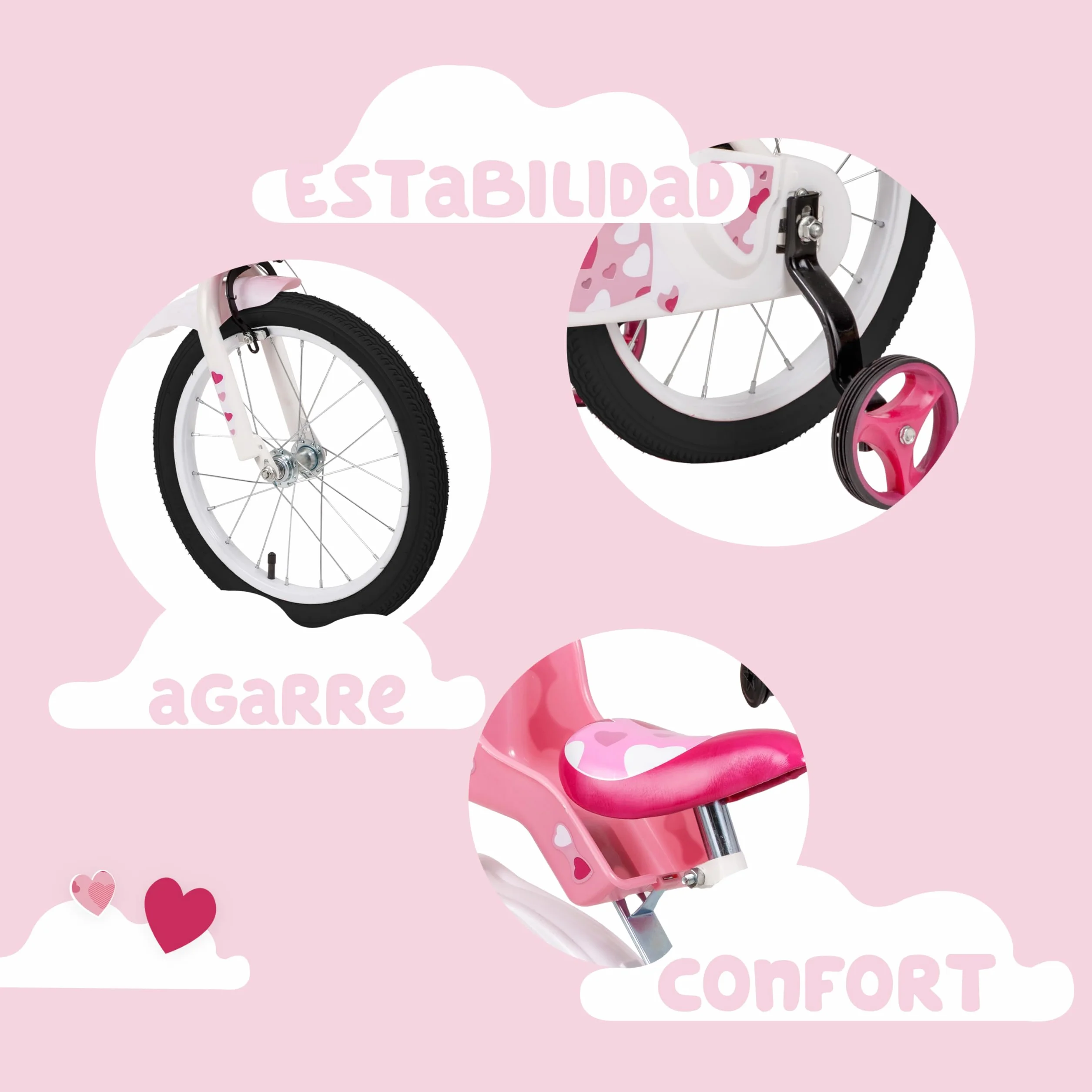 Baroni Toys Bicicleta de Niña, Rosa Corazones, Acero con Cesta, Portabicicletas, Ruedas, 12'' 14'' 16''