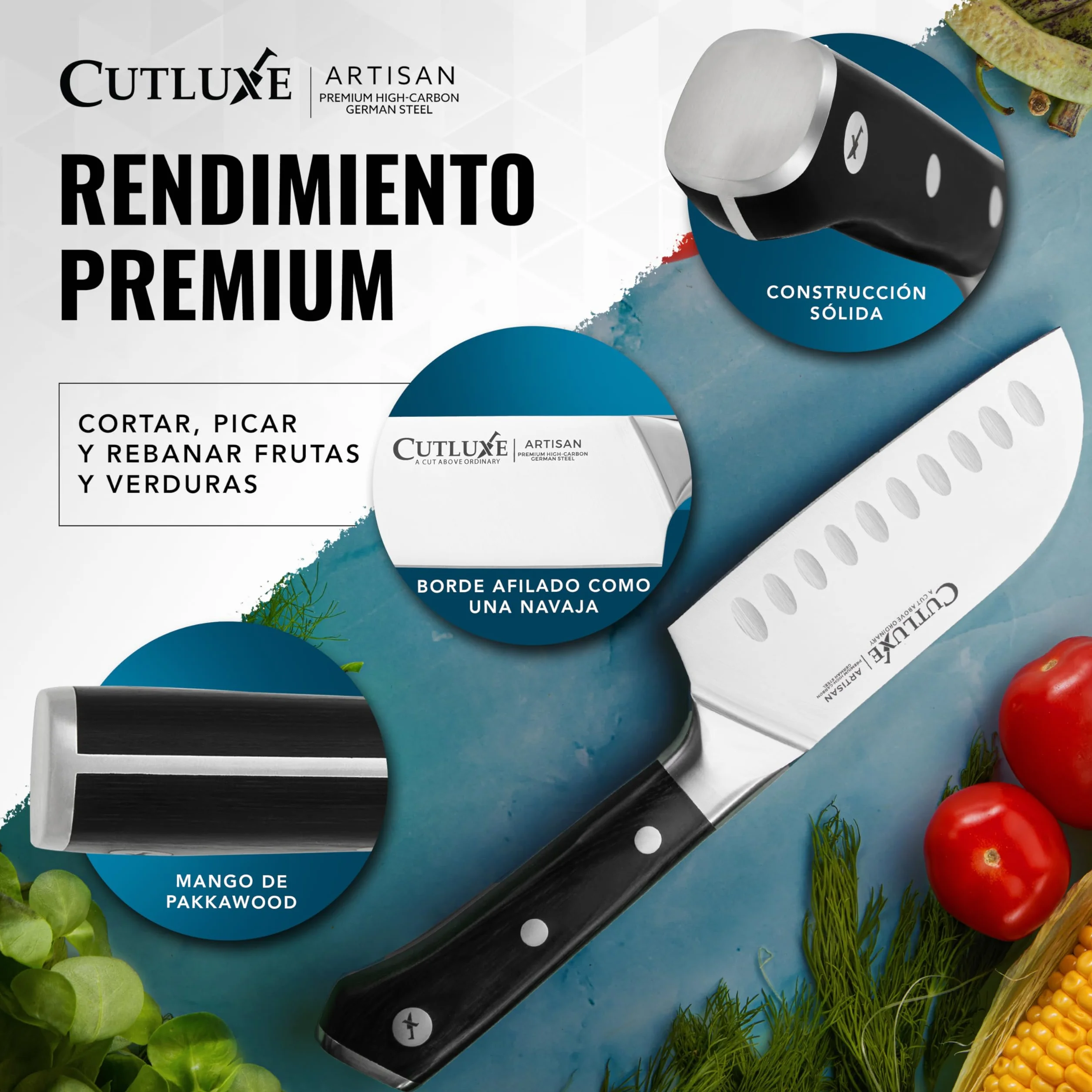 Cutluxe Cuchillo Santoku – 13 cm Cuchillo Cocina Profesional Multipropósito – Acero alemán forjado de alto carbono – Filo afilado como navaja – Mango ergonómico – Serie Artesanal