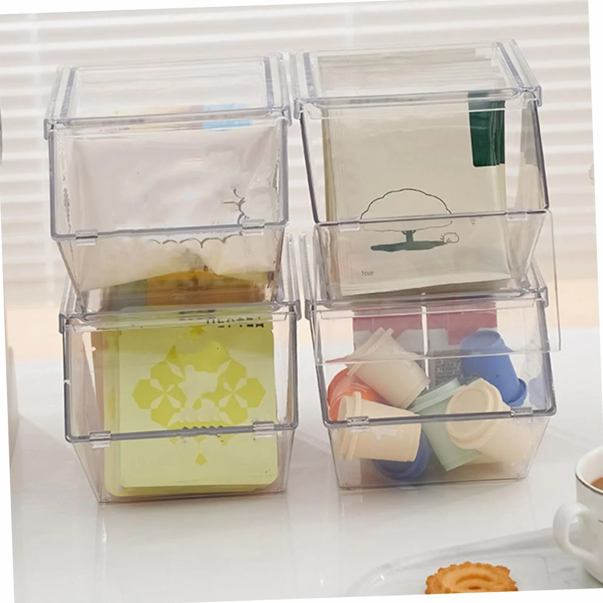 LIFKOME Organizador De Bolsitas De Té y Café Acrílico, 4 Piezas, Compacto y Transparente, Resistente y Liviano, Para Cocina y Despensa, Caja Apilable Capacidad Grande