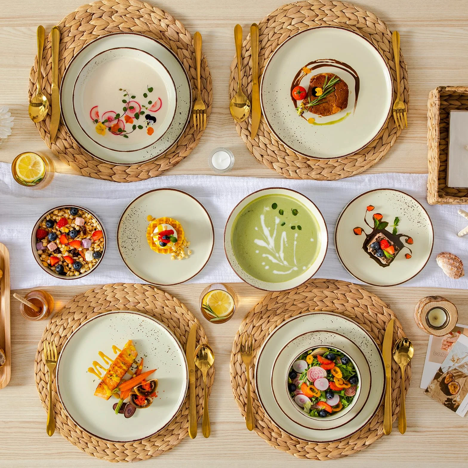 vancasso NAVIA - Vajilla Completa de 24 Piezas para 6 Personas, Platos Vajilla Moderna de Gres - 6 Cuencos Cereales, 6 Postres, 6 Platos Llanos y 6 Hondos - Apto para Microondas y Lavavajillas - Beige