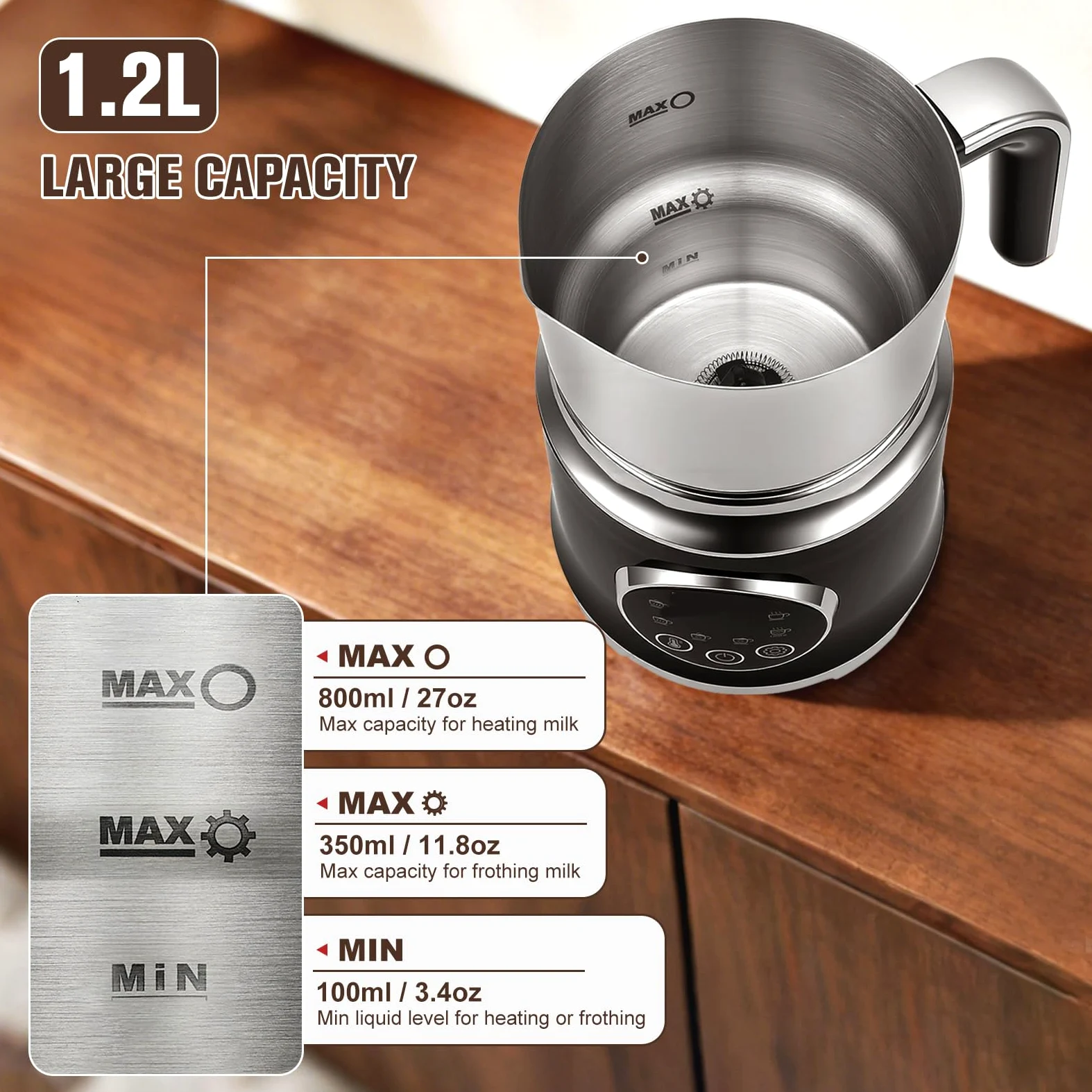 Espumador de Leche Eléctrico 6 en 1, Apto para Lavavajillas, con Temperatura Variable y Espuma, 800 ml, Gran Capacidad, para Espuma de Leche Fría Caliente, Chocolate Caliente, Café con Leche